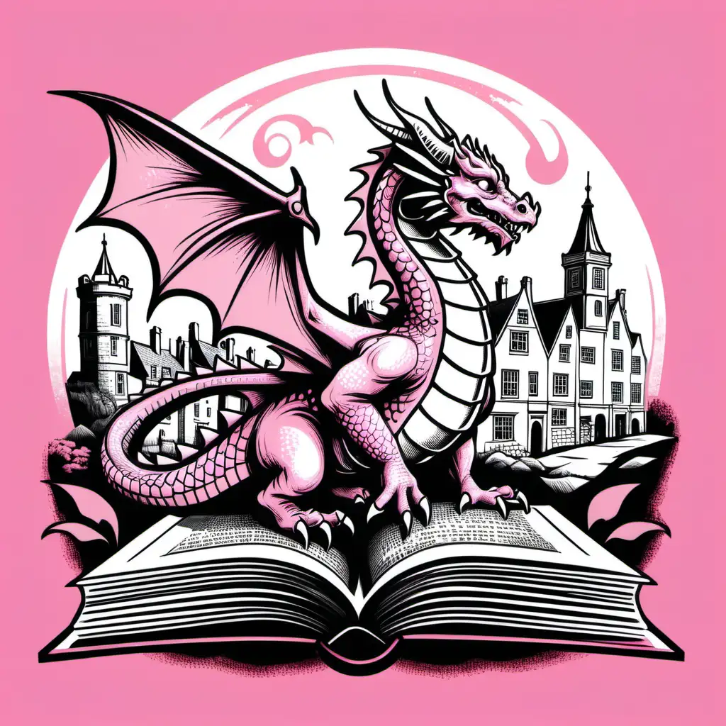 Enchanting Pink Dragon Reading Books in Old English Town