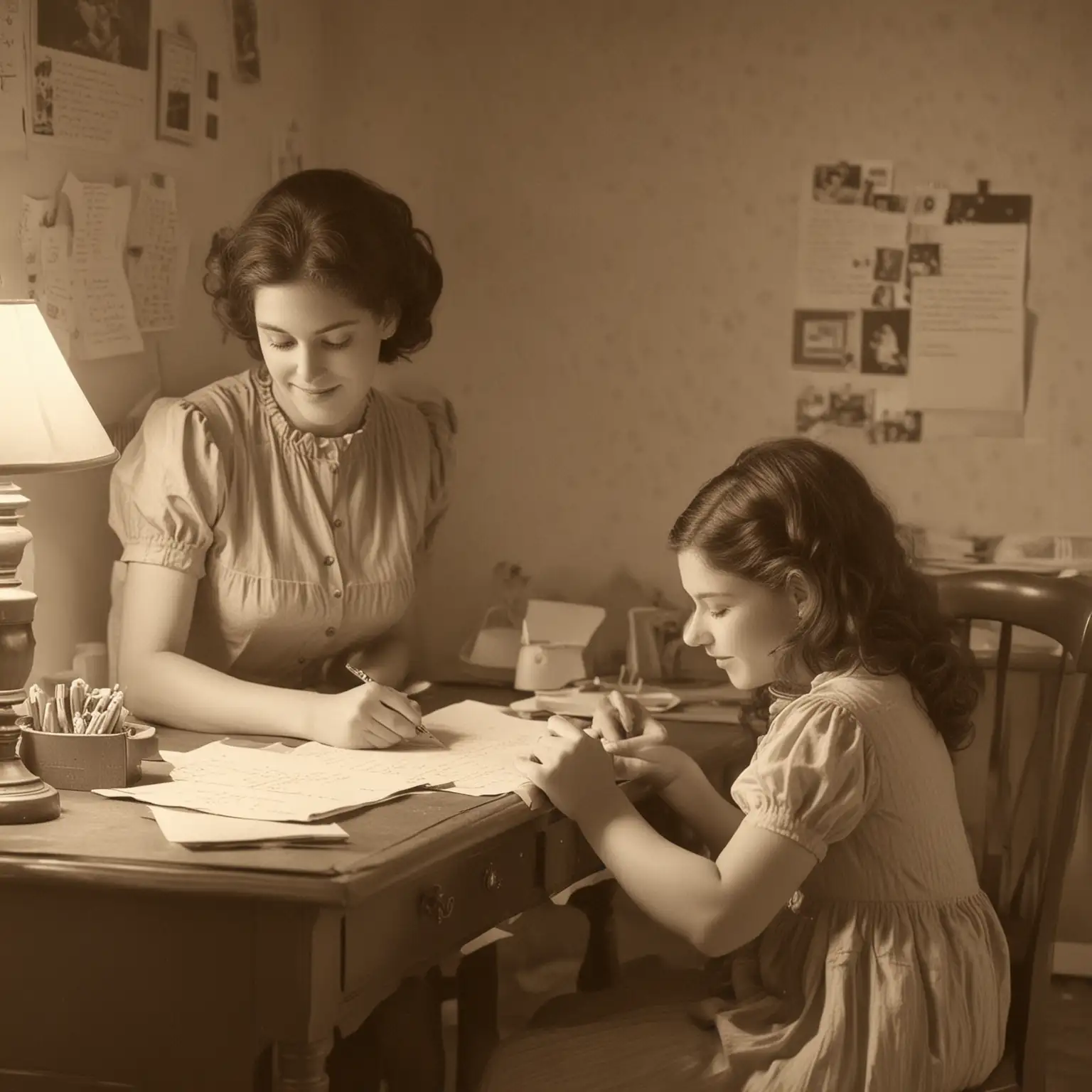 une femme avec un enfant qui écrit une lettre dans une chambre d'enfant en sépia