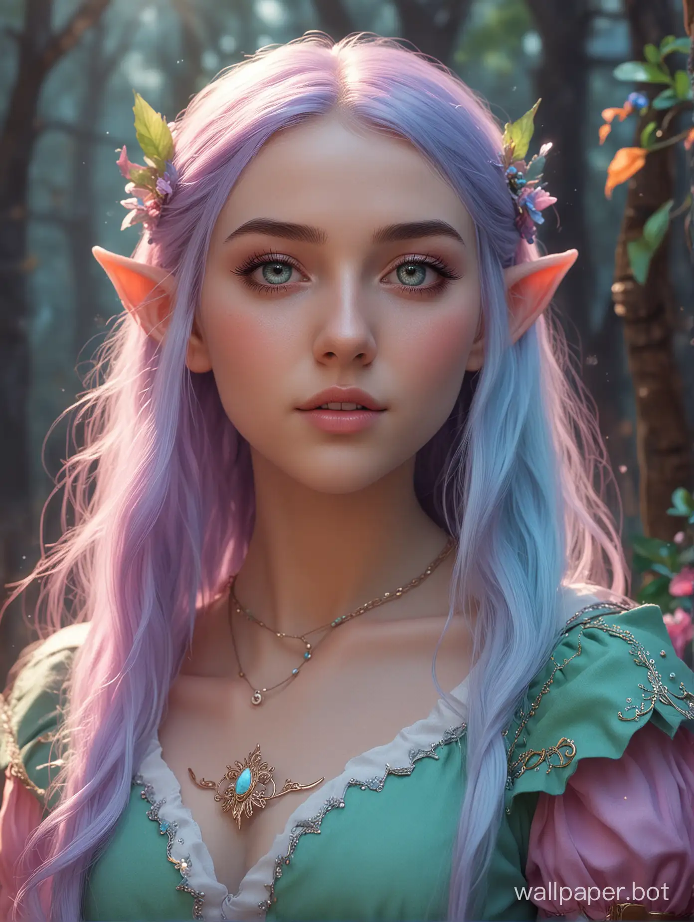 imagine a  fantastic scene of 21 year old female elf in it's element , use your unbounded creativity to create a magical realm of vibrant pastels and colors ,cinematic