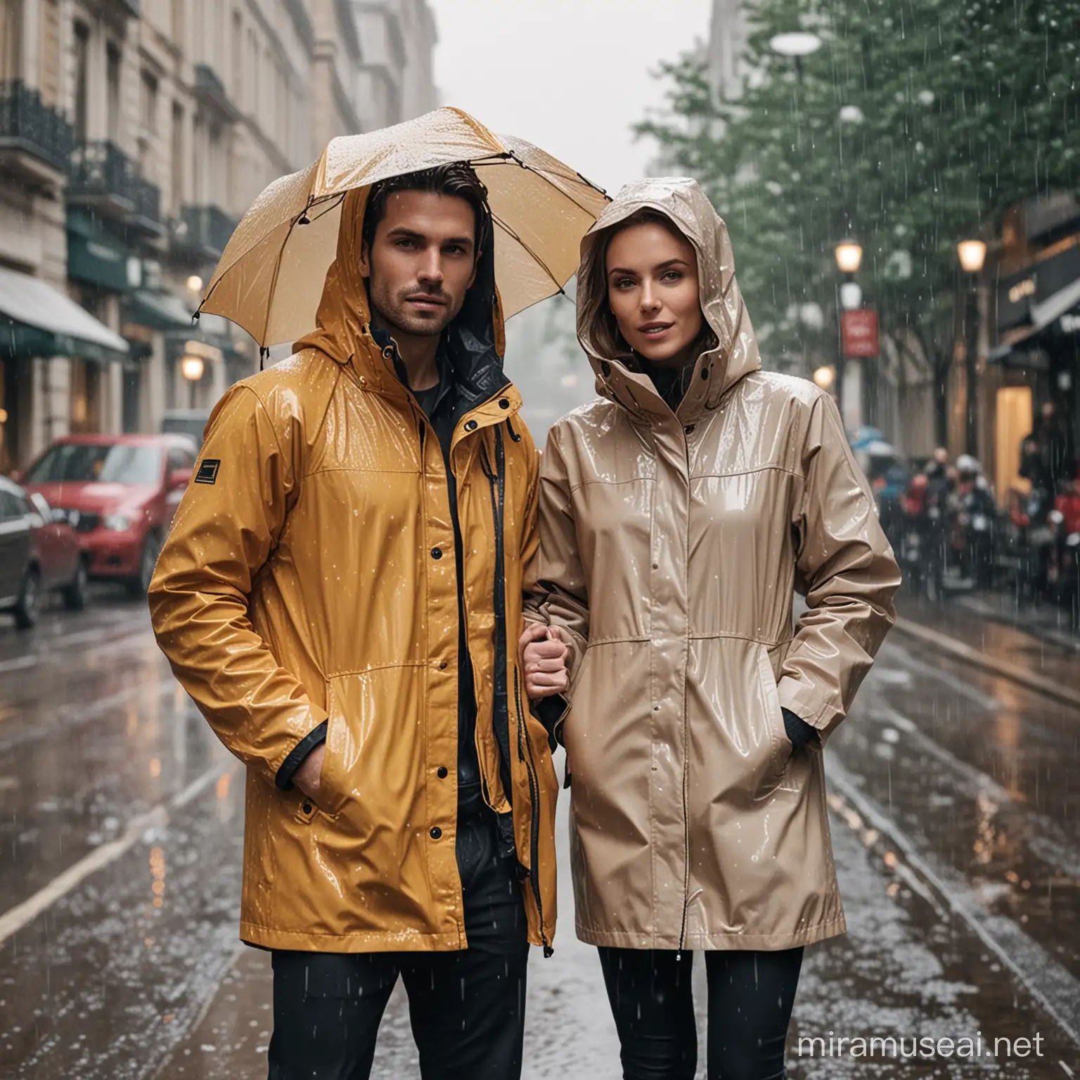 Man and woman in fancy rain jackets 
