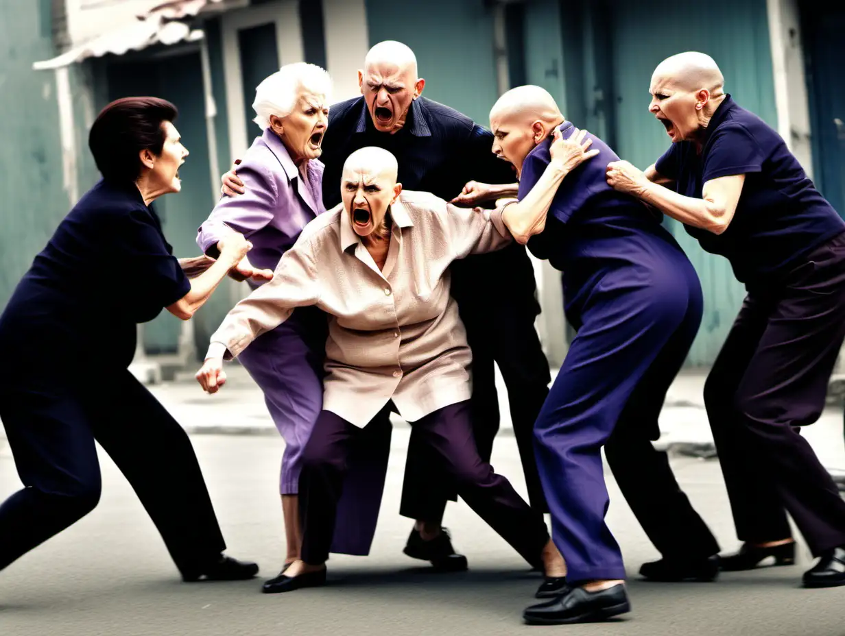 mob of angry old ladies beating up a bald man