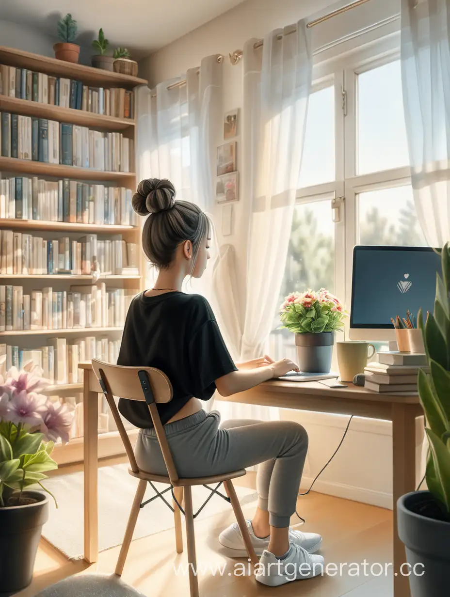 A girl with an untidy bun in a short black top and gray sweatpants is sitting on a chair with her back turned off in front of a laptop. there is a bright room around. There is a shelf with potted flowers and a lot of books above the table with a laptop. sunlight is shining from the window. the window is covered with white translucent curtains.