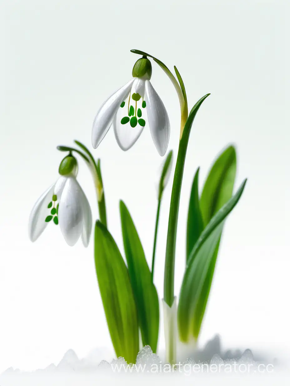 Exquisite-Snowdrop-Wild-Flower-with-Fresh-Green-Leaves-on-a-Pristine-White-Background