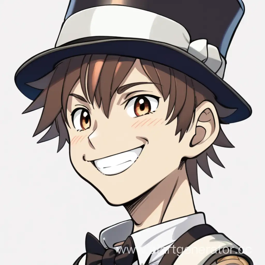 Улыбающийся мальчик-подросток с шляпой-цилиндром в стиле аниме