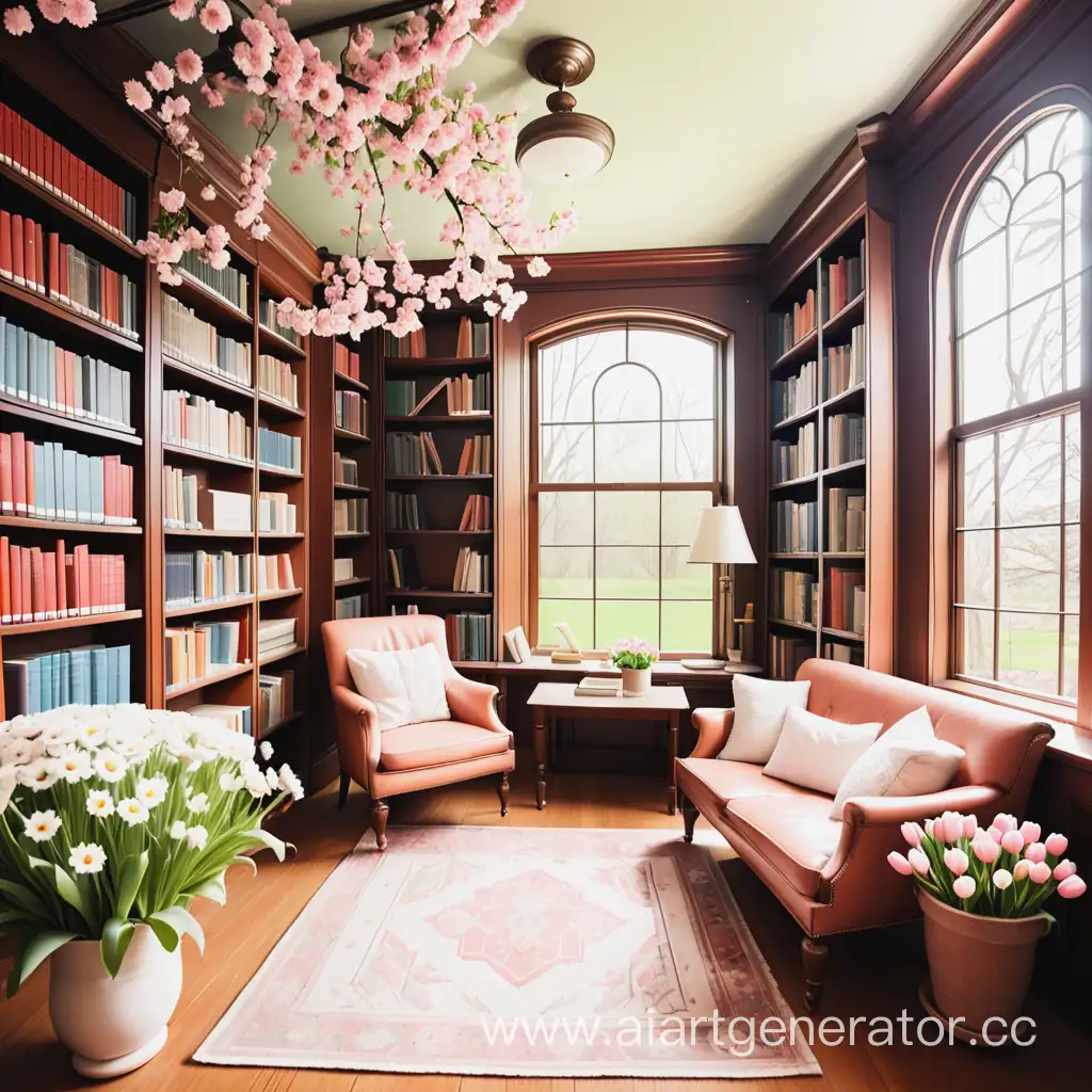 уютная библиотека весной в цветах