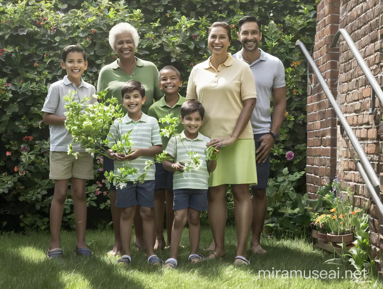 Please make this family smile, sun shines through the fresh green leaves of the trees, in great detail, the grass is green, the plants have flowers of various colours, with the same brick wall on the right side.