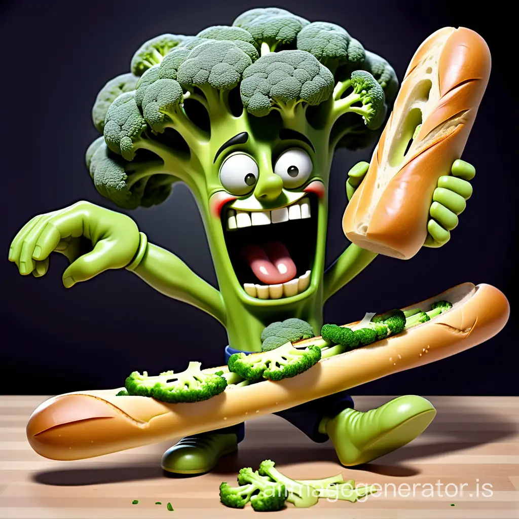 Happy baguette punching broccoli