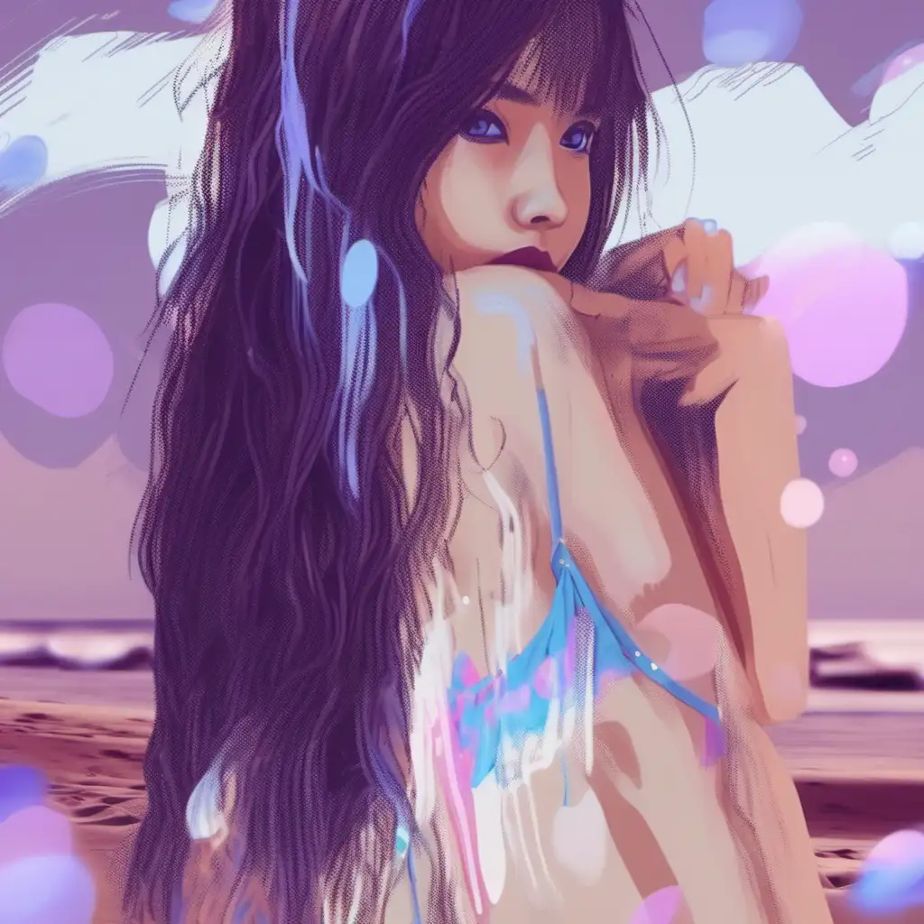 4k, girl on beach soft eye contact in the style of digital art.