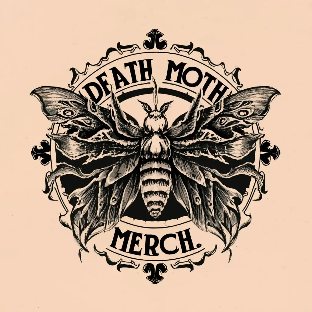 a logo design,with the text "Death Moth Merch.", main symbol:death moth,Moderate,be used in Religious industry,clear background