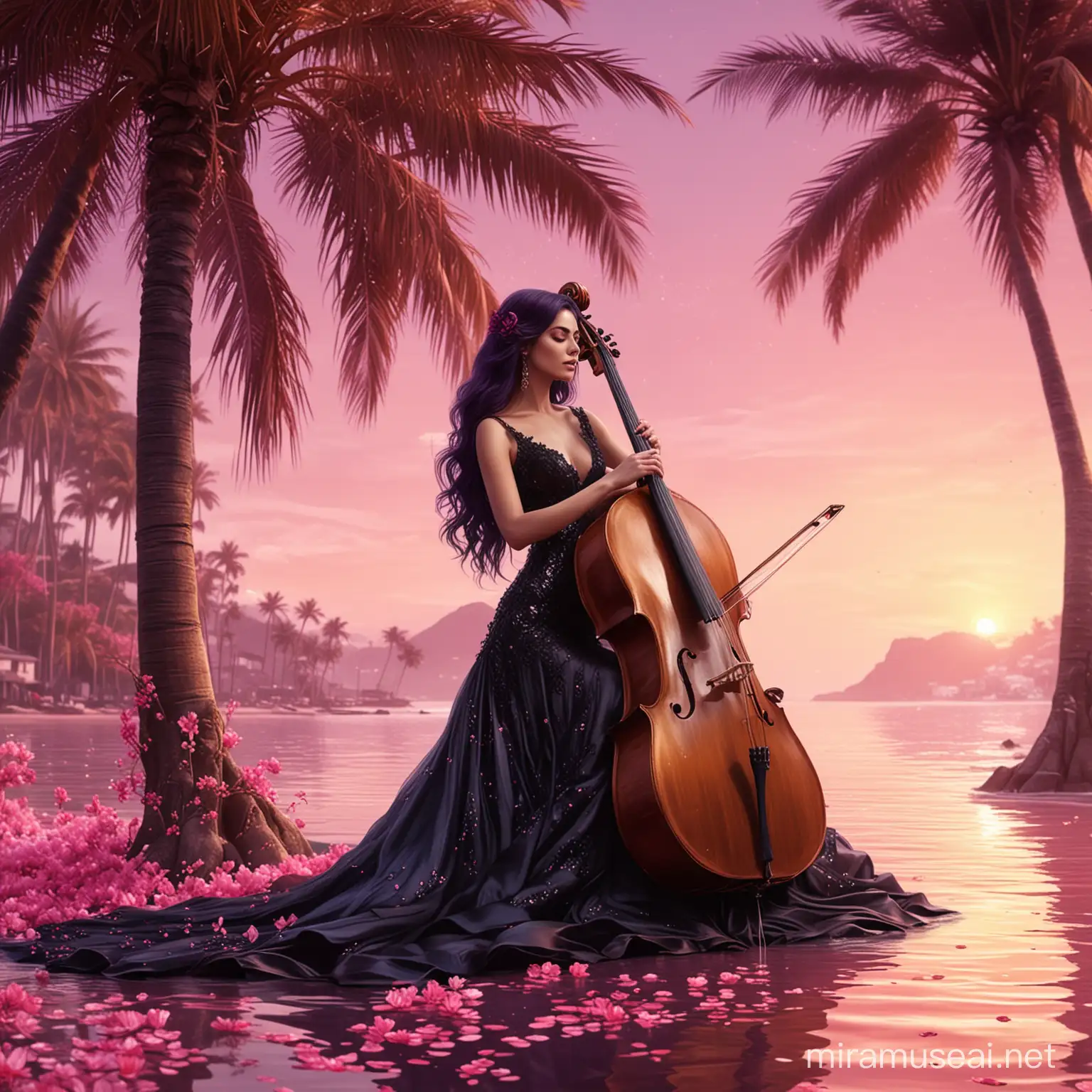 Elegant Woman Playing Cello Under a Golden Palm Tree