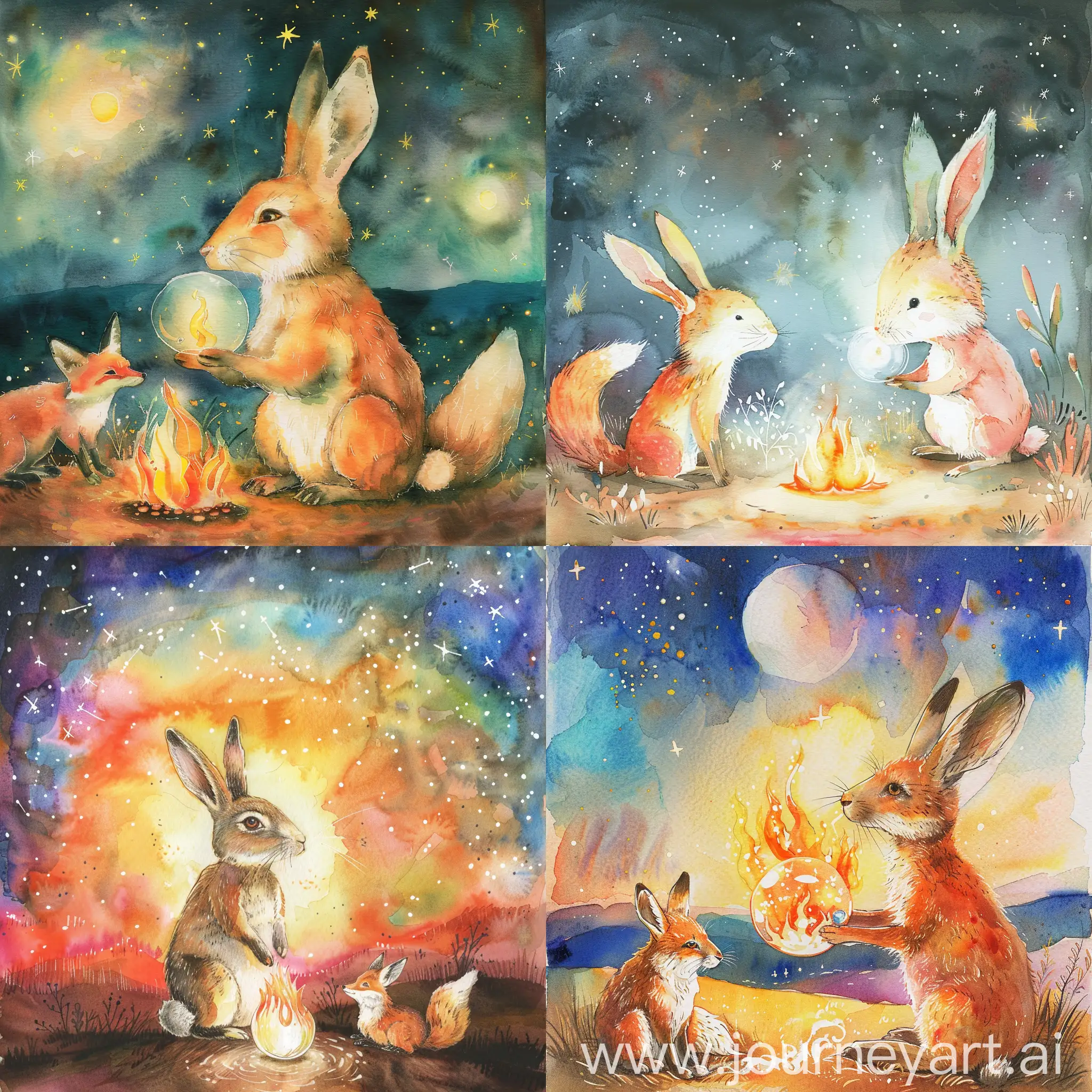 Living room, night, young Rabbit lLook into front at flame (focus) glass orb, side fox, watercolor illustration of surrounded by bright stars, colorful landscape