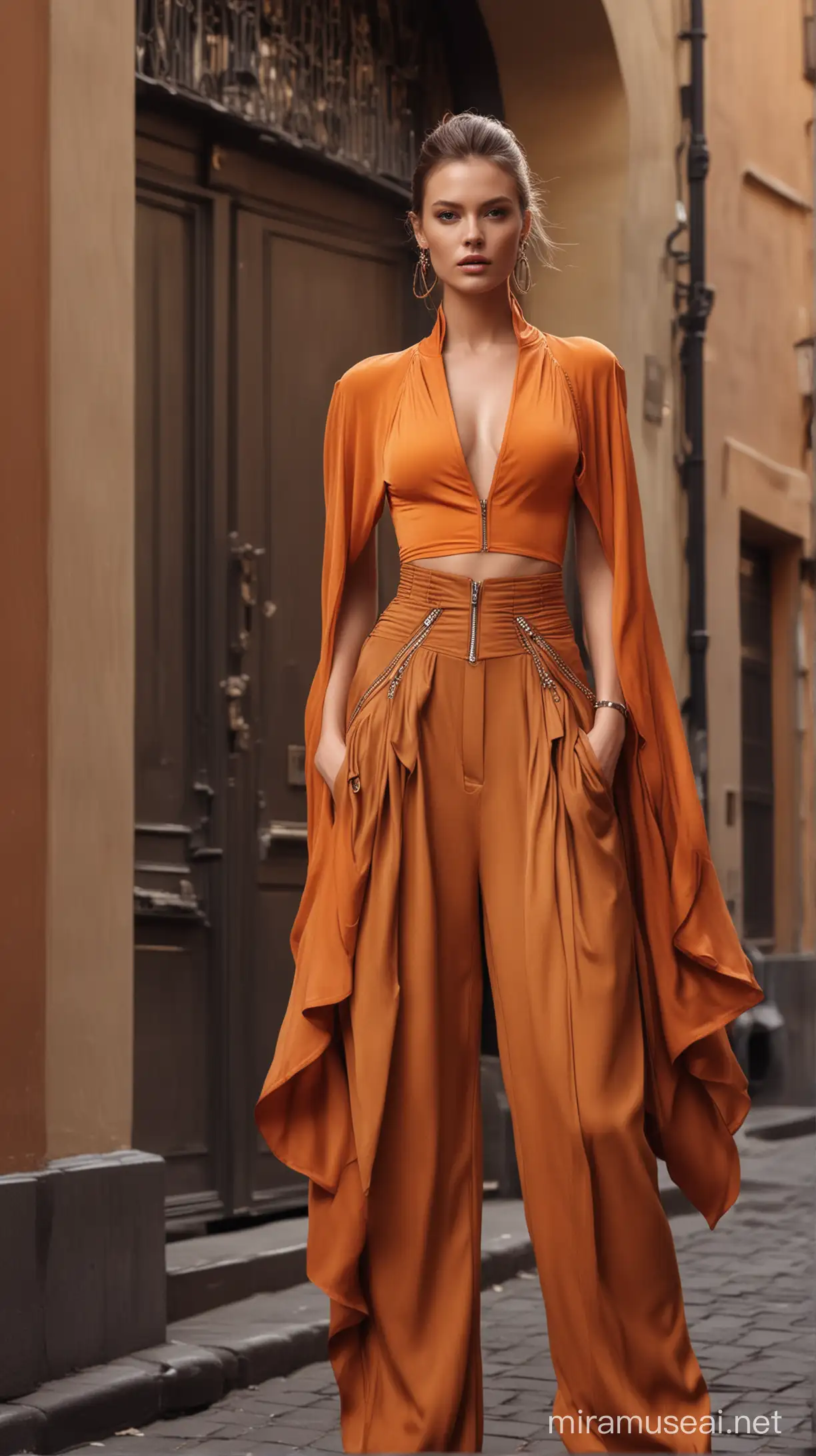 Stunning beautiful supermodel, street motion, front angle, wearing a zipper top, deep neckline, with large silk sleeves gathered at the elbow, and long washed silk pants with layered effect, hands in the pockets, statement jewelry, orange and brown , glam, hyper-realistic, Alexander McQueen style