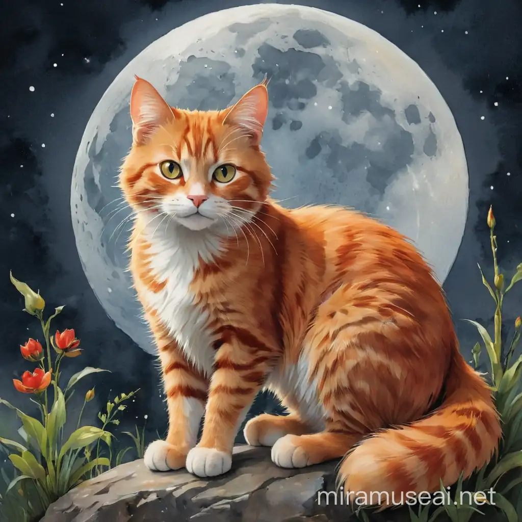 red cat, clip art , moon, watercolor