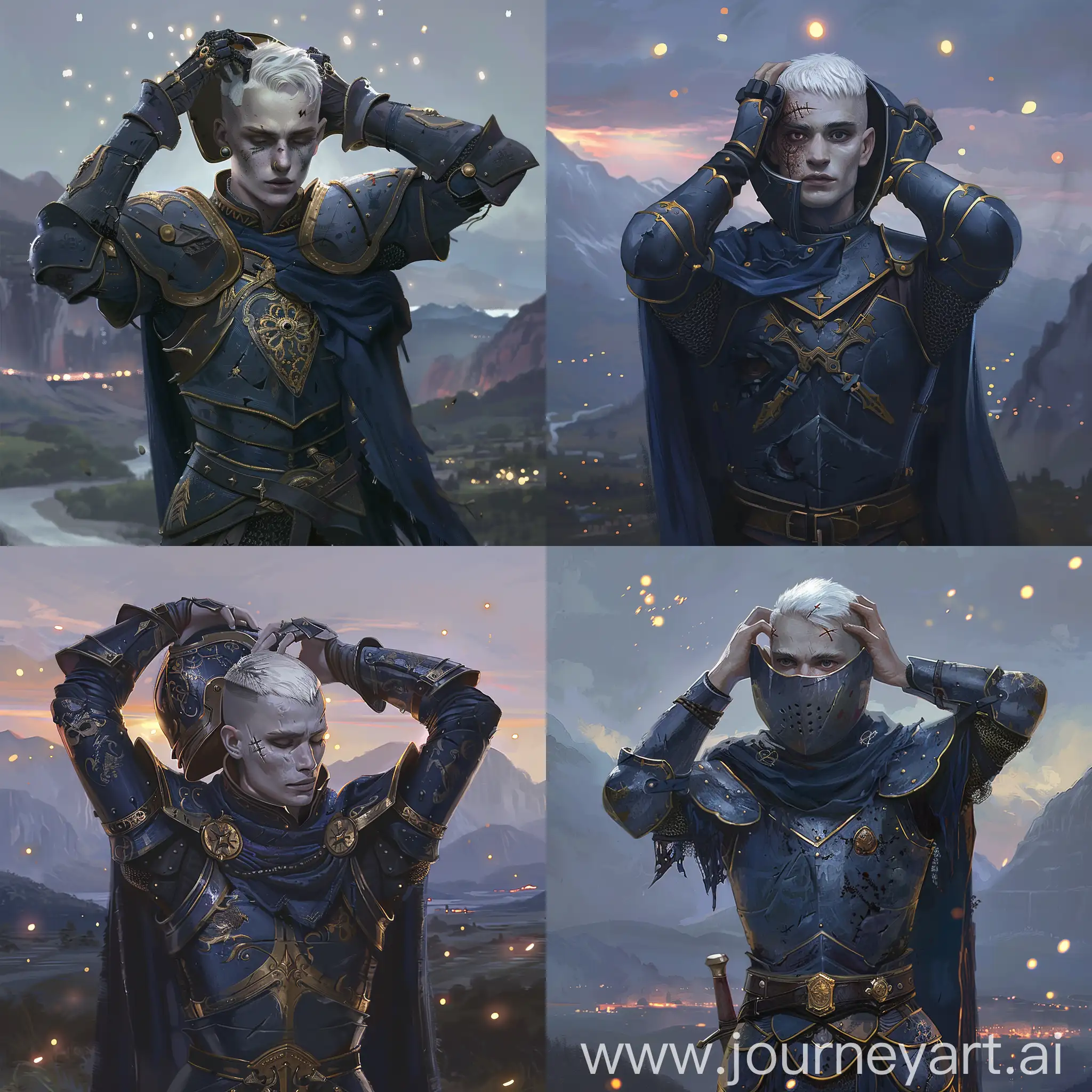 He is male human paladin, with short white hair bowl haircut, tall, wearing knight's armor with a dark blue cloak with gold trim, he raised his hands to his head holding the helmet to his face, he has pale skin and scars on his face.. In the background there is a mountain landscape at dusk, little lights in the air