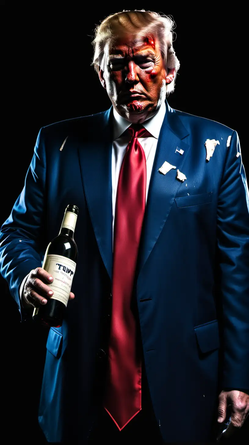 black background:::donald j trump as a very drunk drunkard::badly tattered blue suit with solid red tie::cheap bottle of wine in his hand