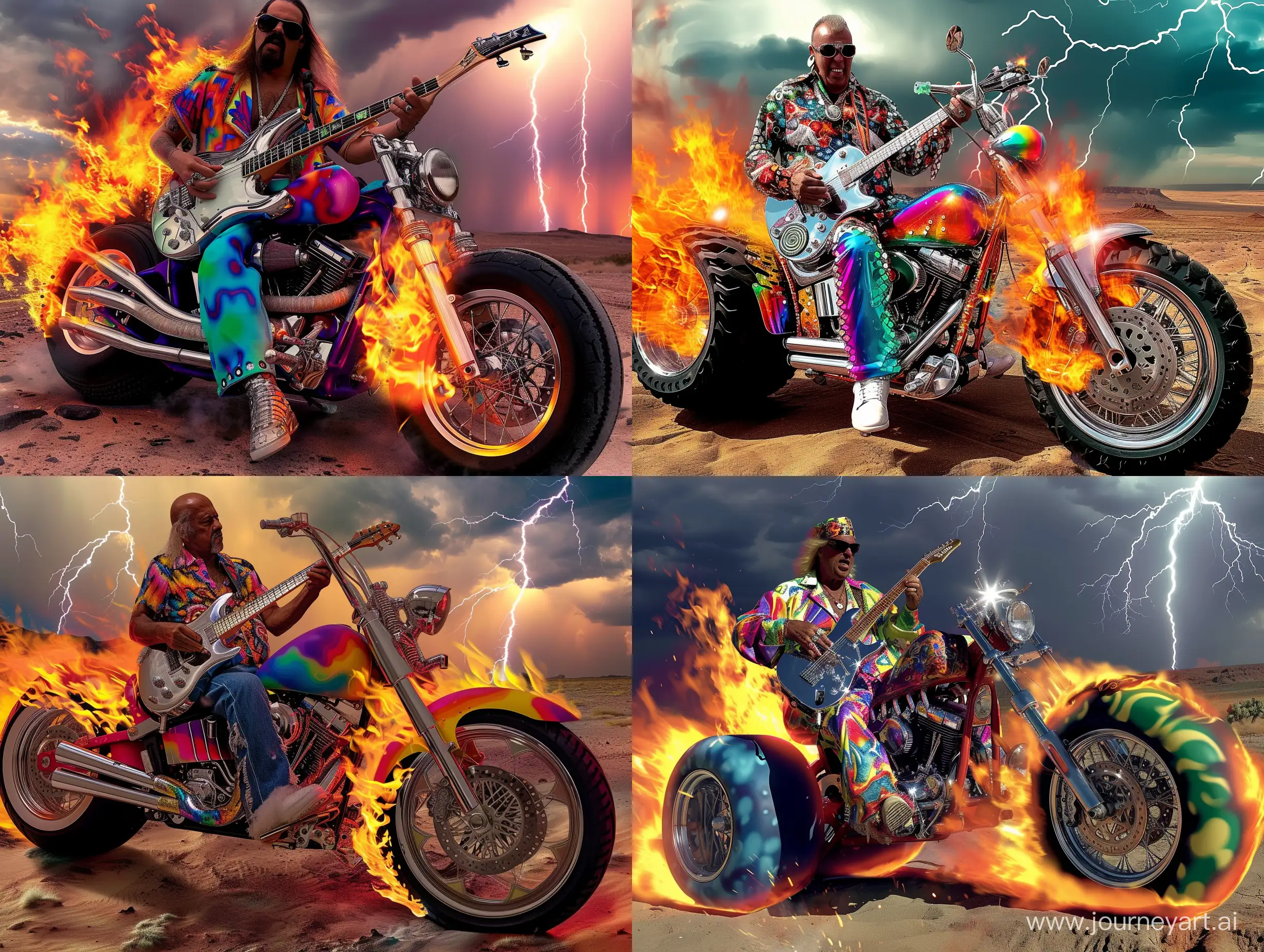 A rock and roll guitarist is playing a chrome guitar. He is sitting on a fire engulfed, colorful, custom motorcycle, with oversized tires and chrome spoke rims. A brilliant desert sky with  multiple lightning bursts, is covering the landscape. The camera is in fronti