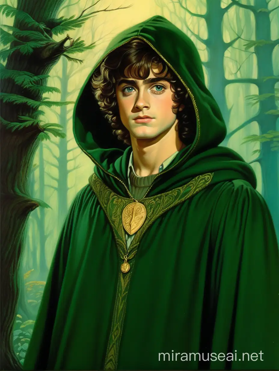 Harry Potter, short curly hair, wearing green woolen hood with golden ornaments, standing in the forest, 70s dark fantasy book cover art, 70s dark fantasy art