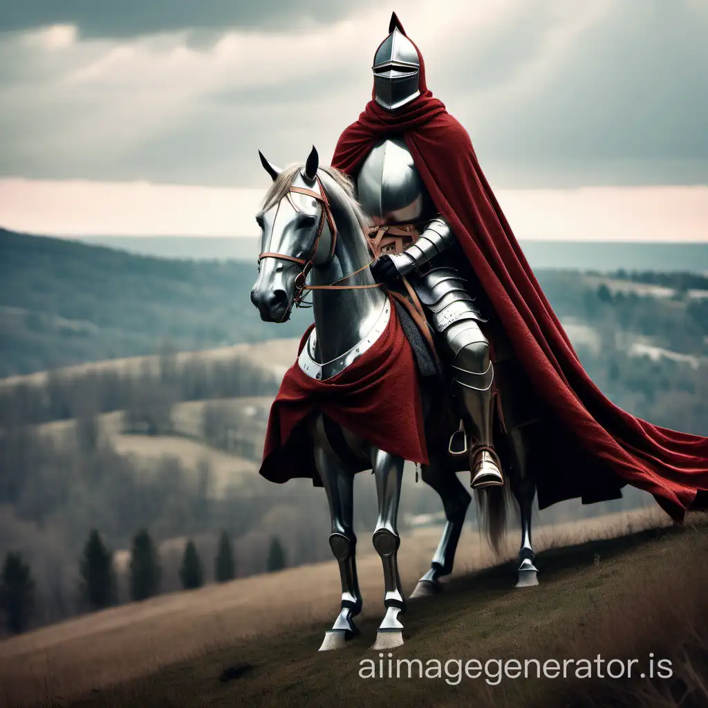 Knight in armor wrapped in a cloak on horseback watches you from the hill