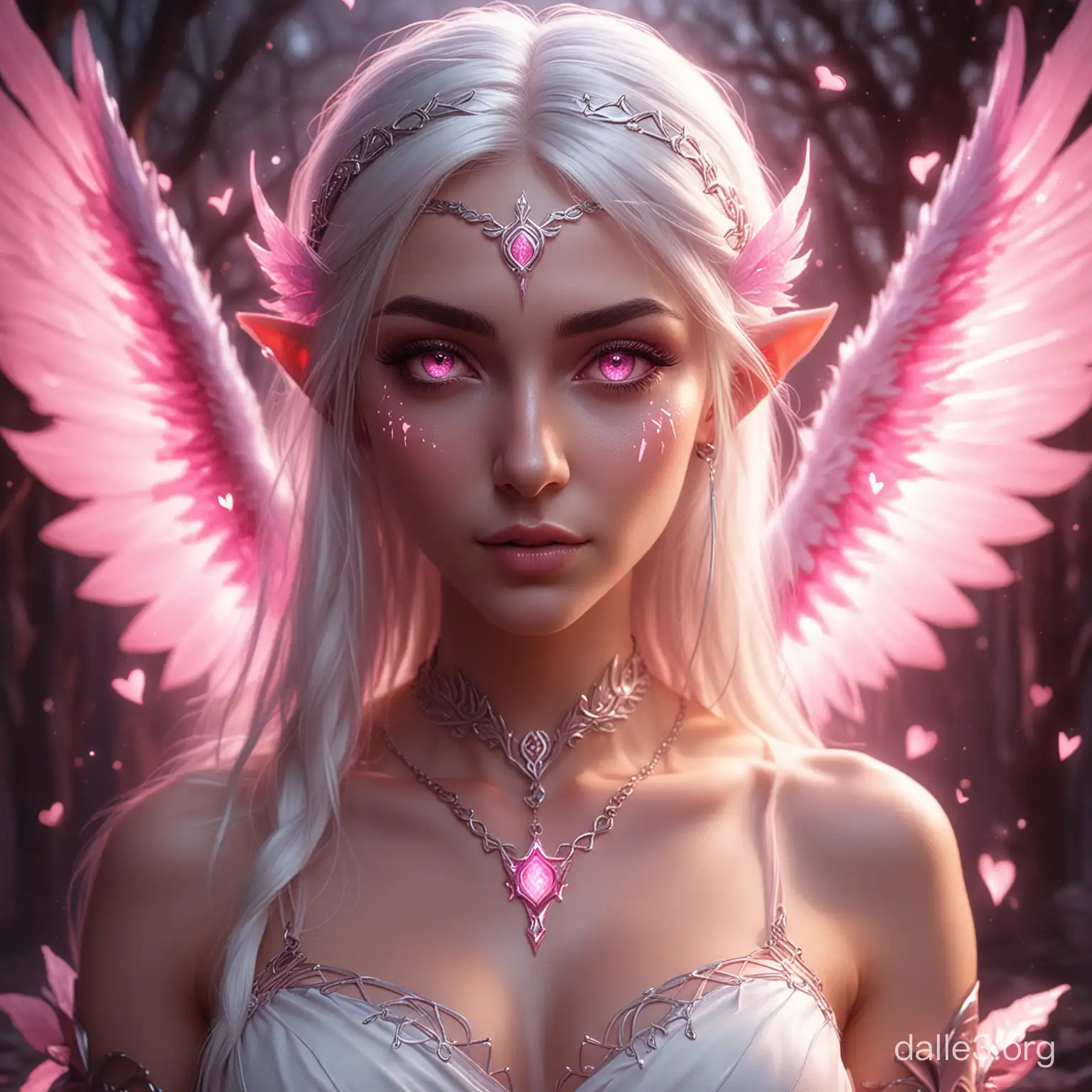 elf-drow, hunter, cupid, glowing pink eyes, glowing white hair, pink wings, glowing pink luminescent, naked ,runes on the body, sorceress, magician, witchcraft, magic, techno-magic, pink glow, magic effects, fantasy, hearts, enchantment, witchcraft, occult, mystical, unearthly, pink fashion style, elegant, sharp focus, 32k, hdr