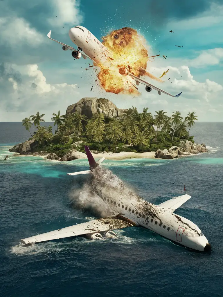 Plane Crash on Tropical Island Dramatic Ocean Scene with Split Plane and Palm Trees