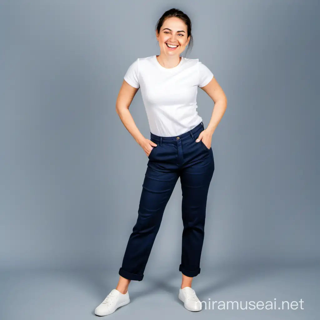 woman with a white t shirt and navy blue trousers standing with a smile full length from head to toes 