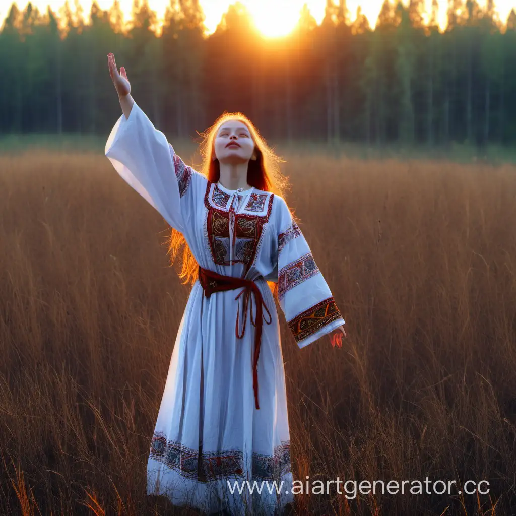 Поле, лес, рассвет, девушка в старославянской одежде, 
Славление восходящего солнца.
