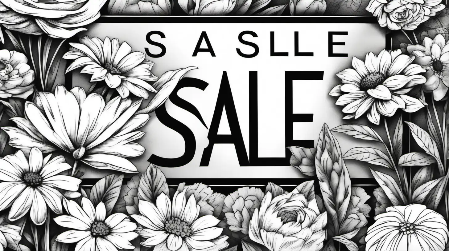 A close up view of sale sign inside of a flower shop in a black and white sketch style