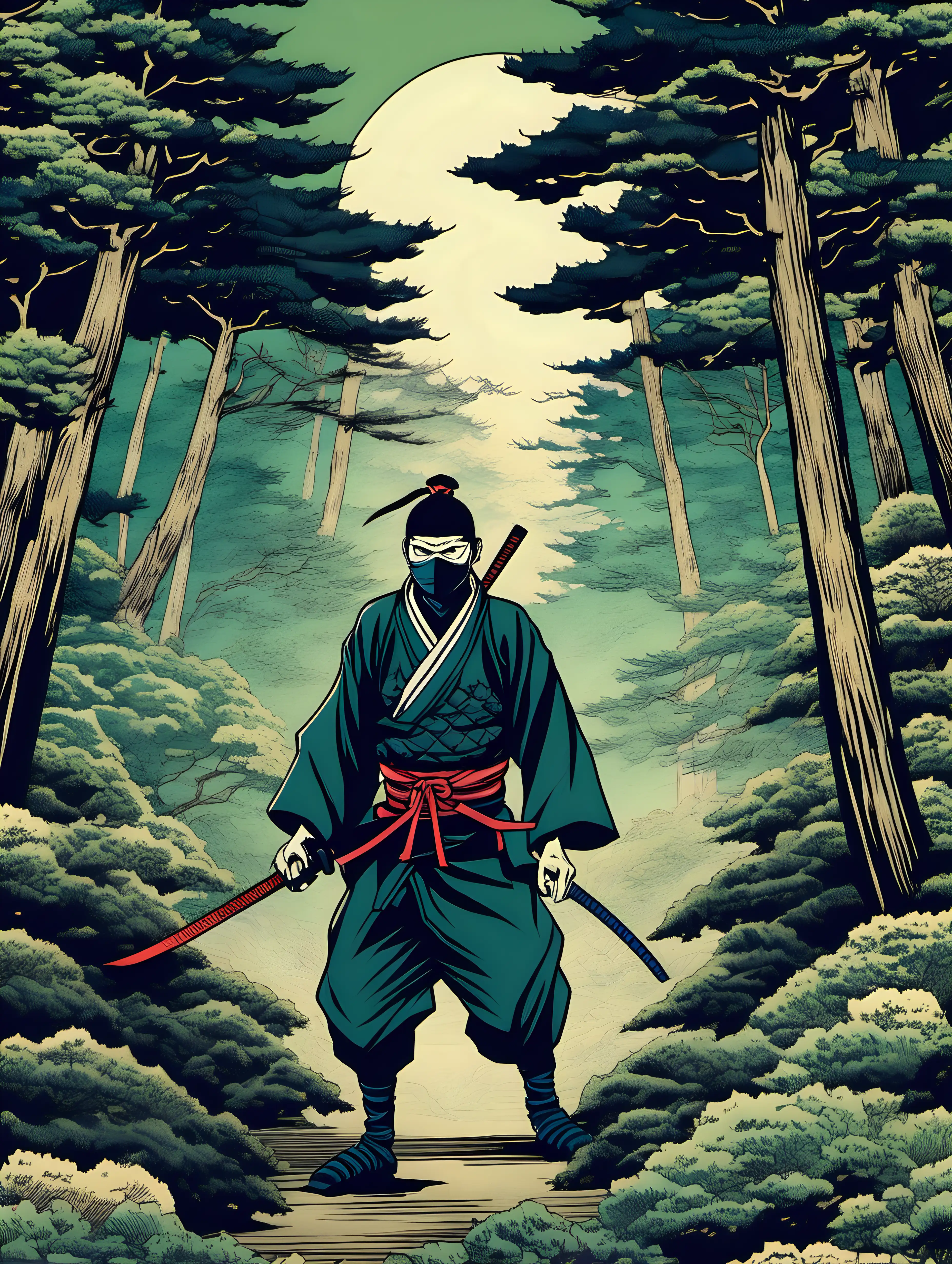 Ukiyo-e  Style artwork of a ninja in the forest 