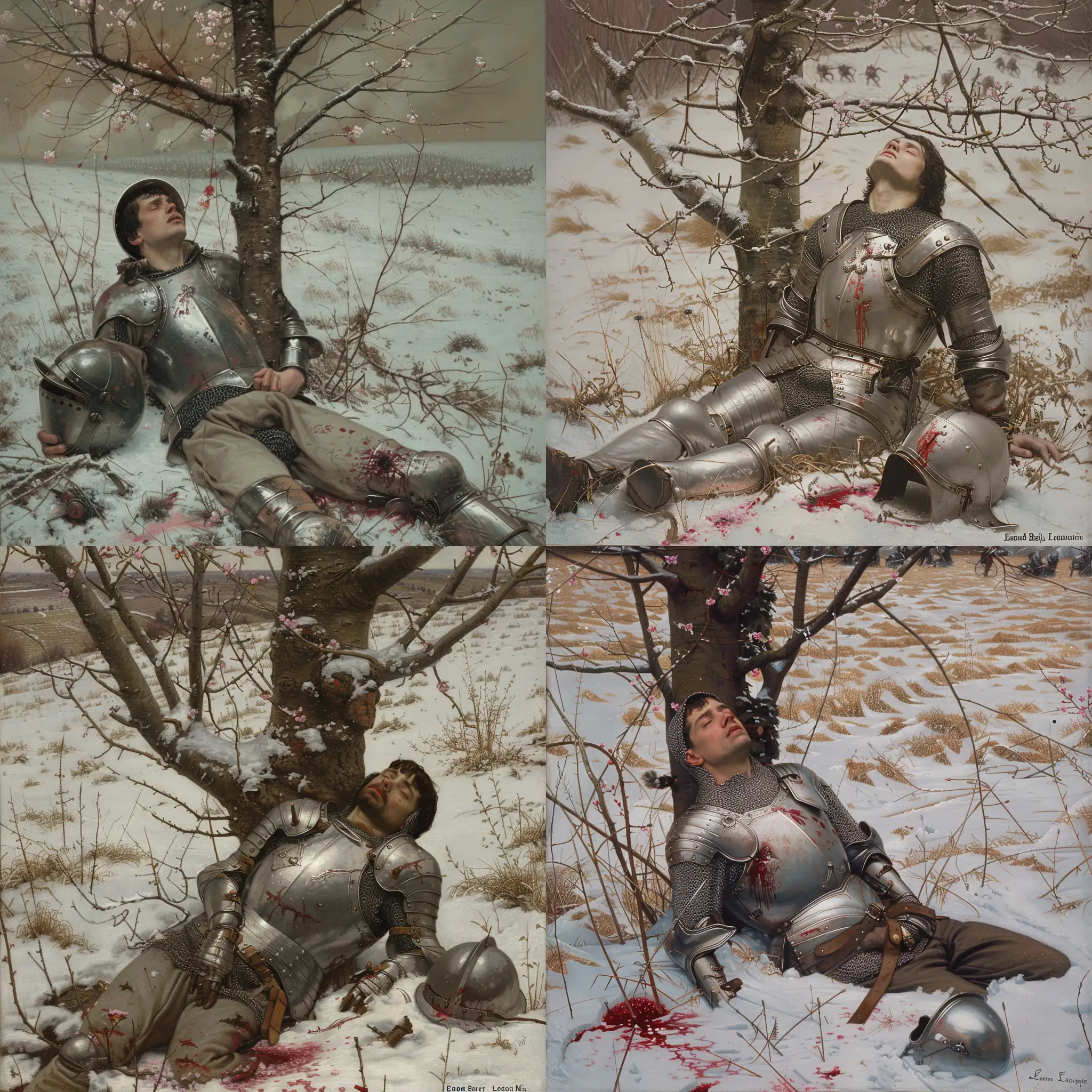 A detailed pre Raphaelite image of a field covered in snow. . At the front a medieval soldier in silver armour sitting propped up on a tree with his eyes closed. He is dying. His helmet is next to him and his eyes are closed. There is deep snow on the ground and some bright blood around him. The tree is bare apart from a few pink blossom. The top branches reach upwards. The battle  is can be seen continuing in the distance. Beautiful magical mysterious fantasy surreal highly detailed. Edmund Blair Leighton 