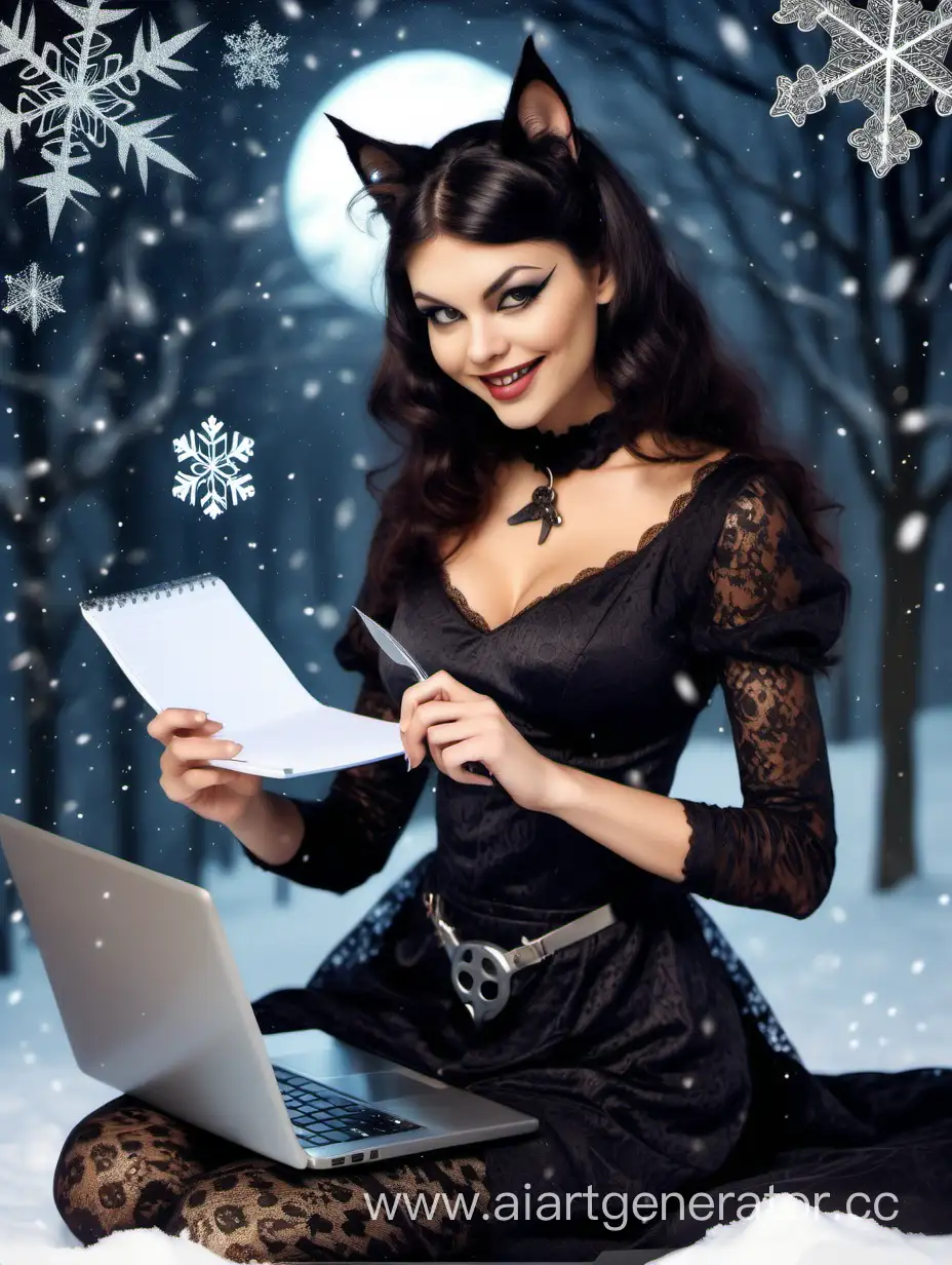 Elegant-CatWoman-in-Lace-Dress-with-Scissors-and-Laptop-Celebrating-New-Year-in-Snowy-Setting