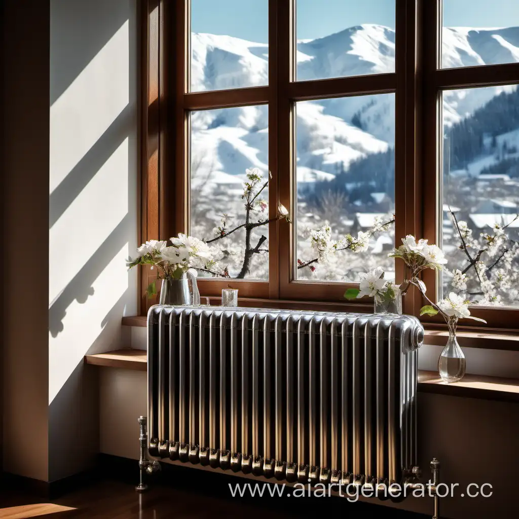 Cozy-Winter-Radiator-View-Snowy-Mountains-and-Blossoming-Apple-Orchard