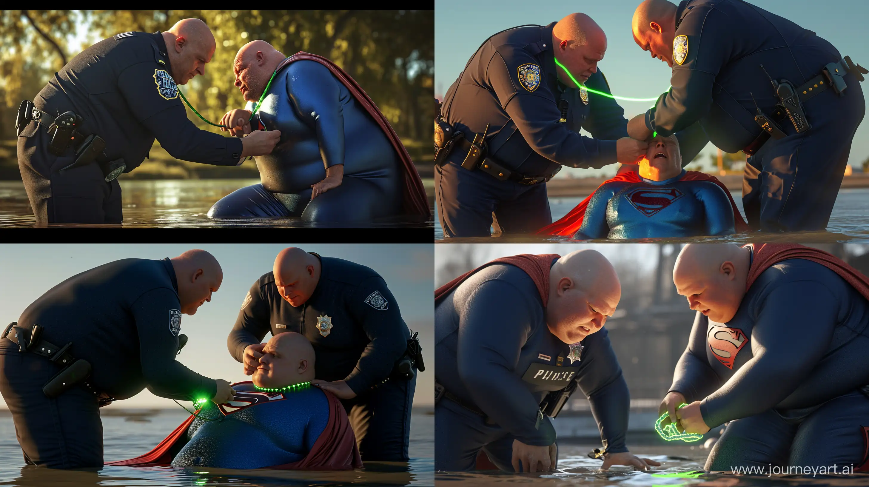 Close-up realistic photo of two chubby man aged 60 wearing a long-sleeved navy police uniform, bending over and tightening a green glowing small short dog collar on the neck of another chubby man aged 60 sitting in the water and wearing a blue silky superman costume with a large red cape. Outside. Bald. Clean Shaven. --style raw --ar 16:9 --v 6