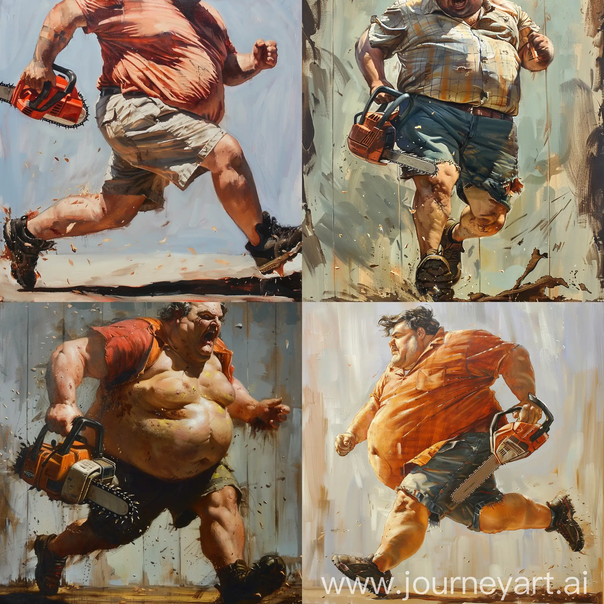 Realistic art: closeup picture fat young man runs with chainsaw