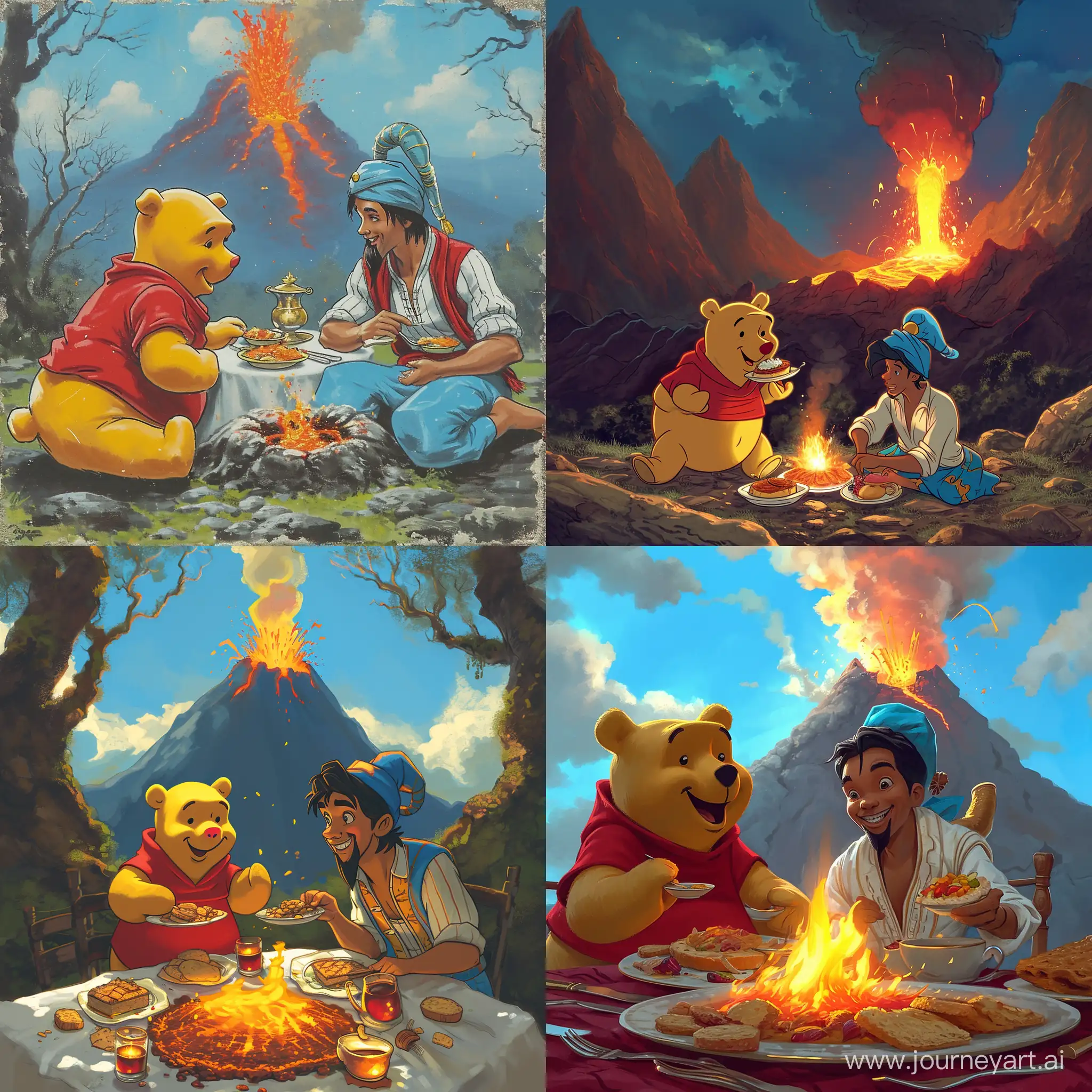 Winnie-the-Pooh-and-Aladdin-Enjoying-a-Meal-Near-a-Volcano