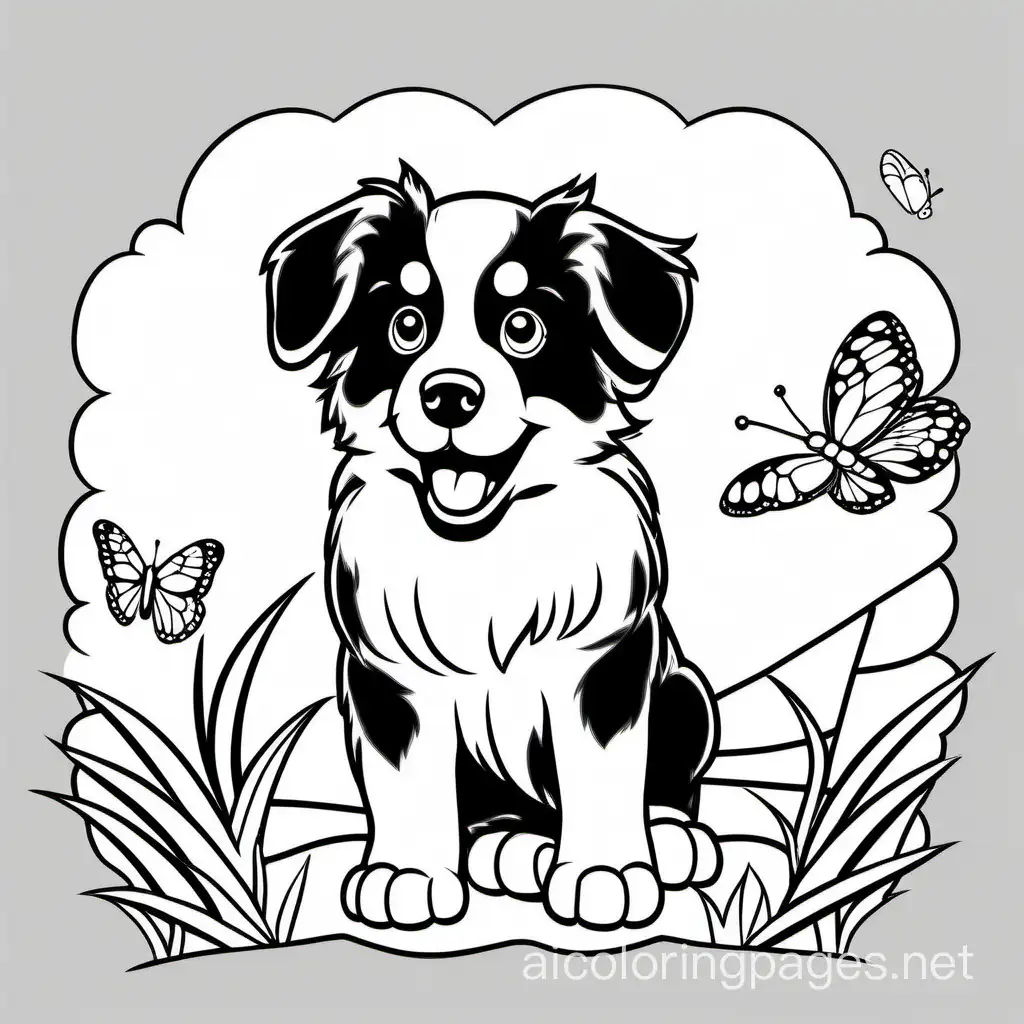 Create cute smiling Australian shepherd puppy chasing butterfly, Coloring Page, black and white, line art, white background, Simplicity, Ample White Space. The background of the coloring page is plain white to make it easy for young children to color within the lines. The outlines of all the subjects are easy to distinguish, making it simple for kids to color without too much difficulty