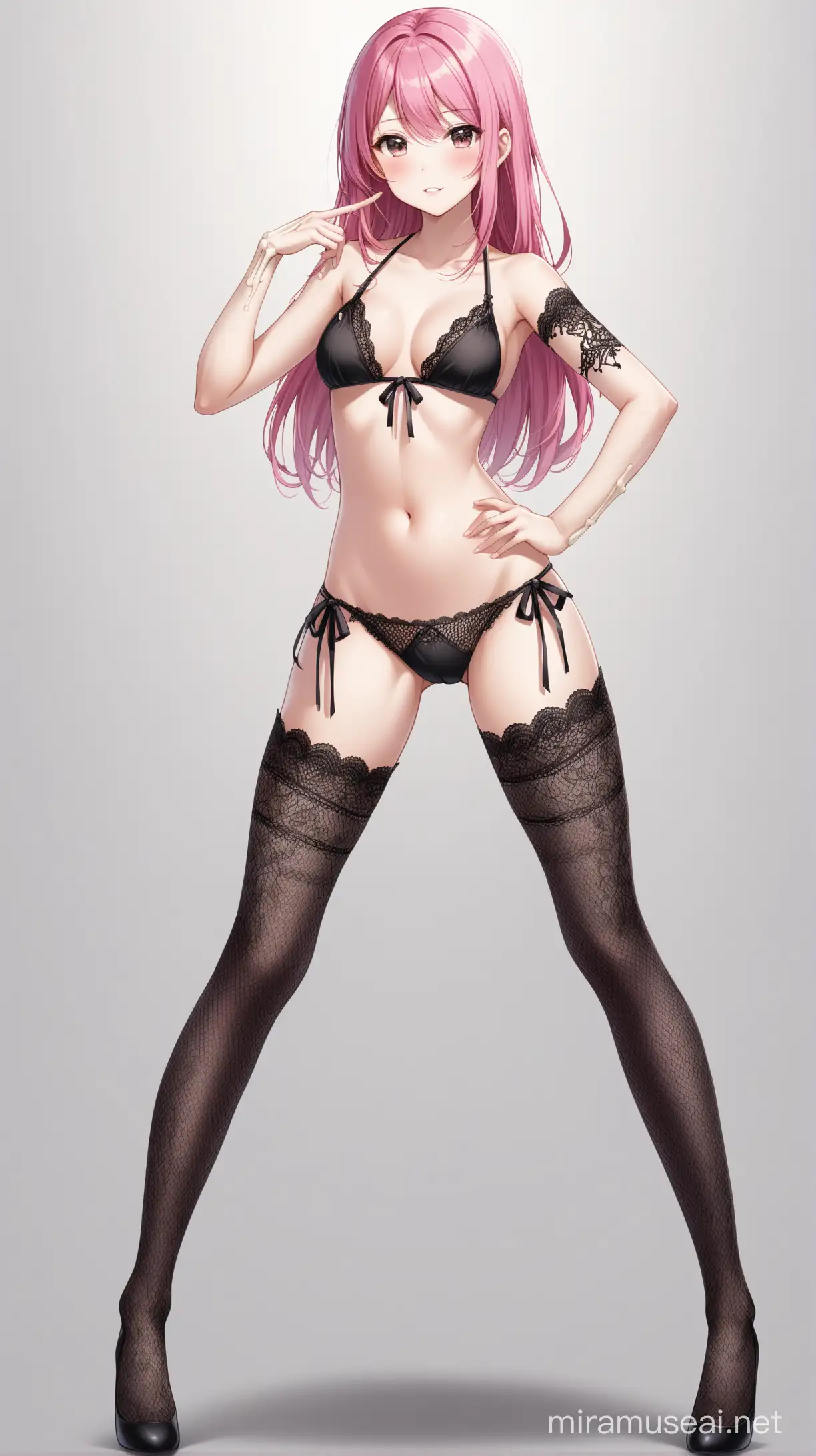 Full body Girl, ((with arm bone)), (upper arm bone), beautiful face, pink hair, wearing black lacy stockings, lacy bikini, hand beside poses, stand up straight, spread legs, grey baground