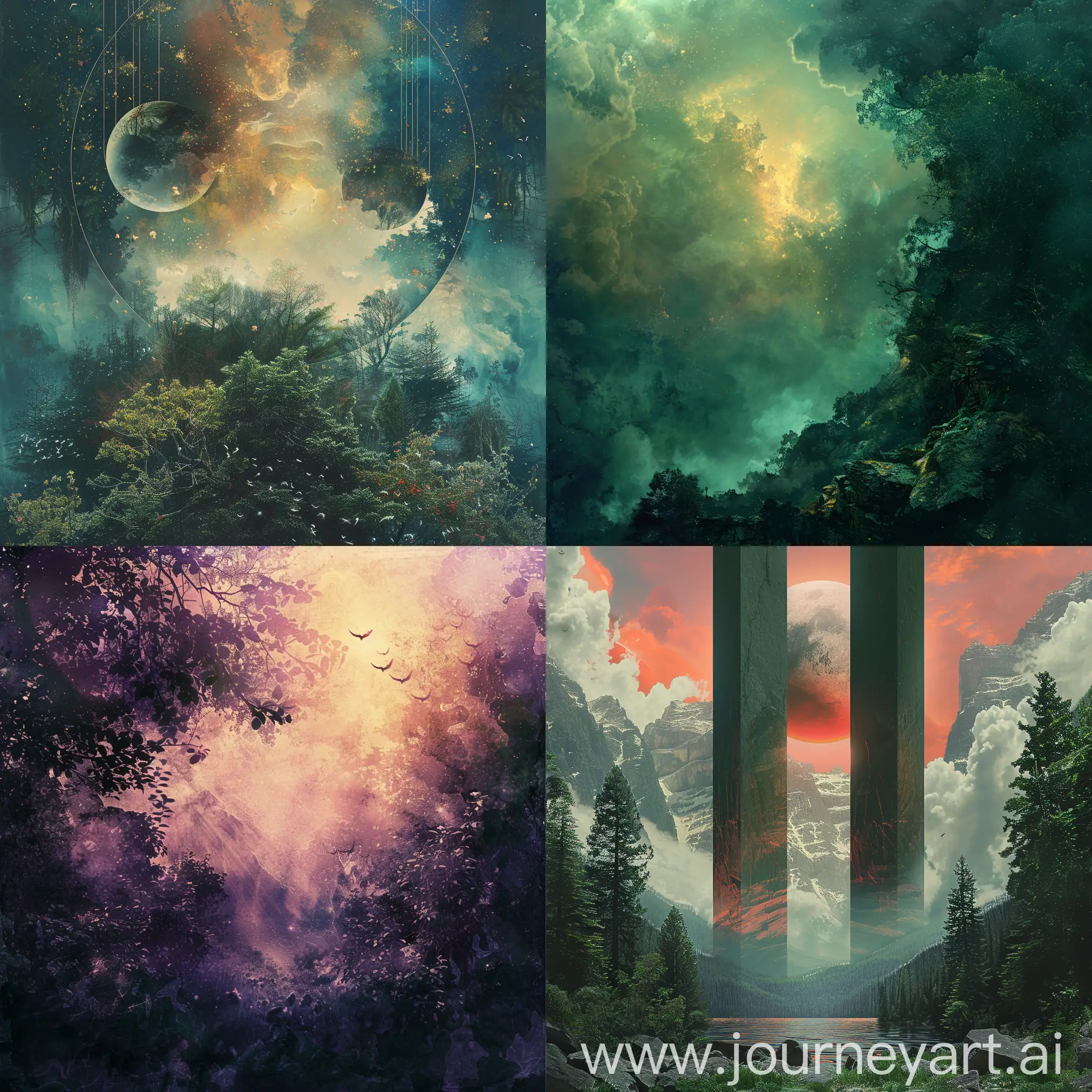 ethereal otherwordly cinematic album cover art with a touch of nature and an ascending mood