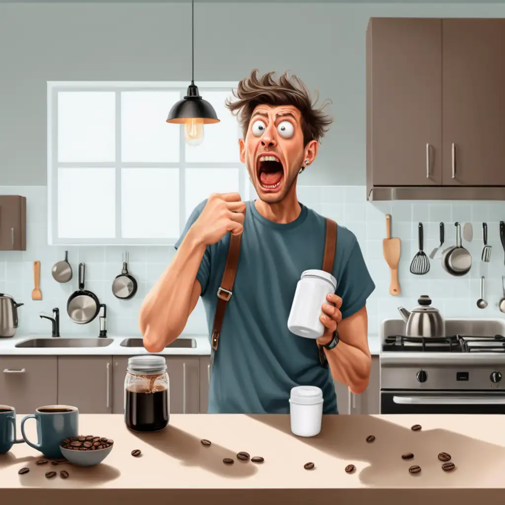crazy without coffee dude shouting. In a cool kitchen. with tears. With empty coffee jar and empty cup 
