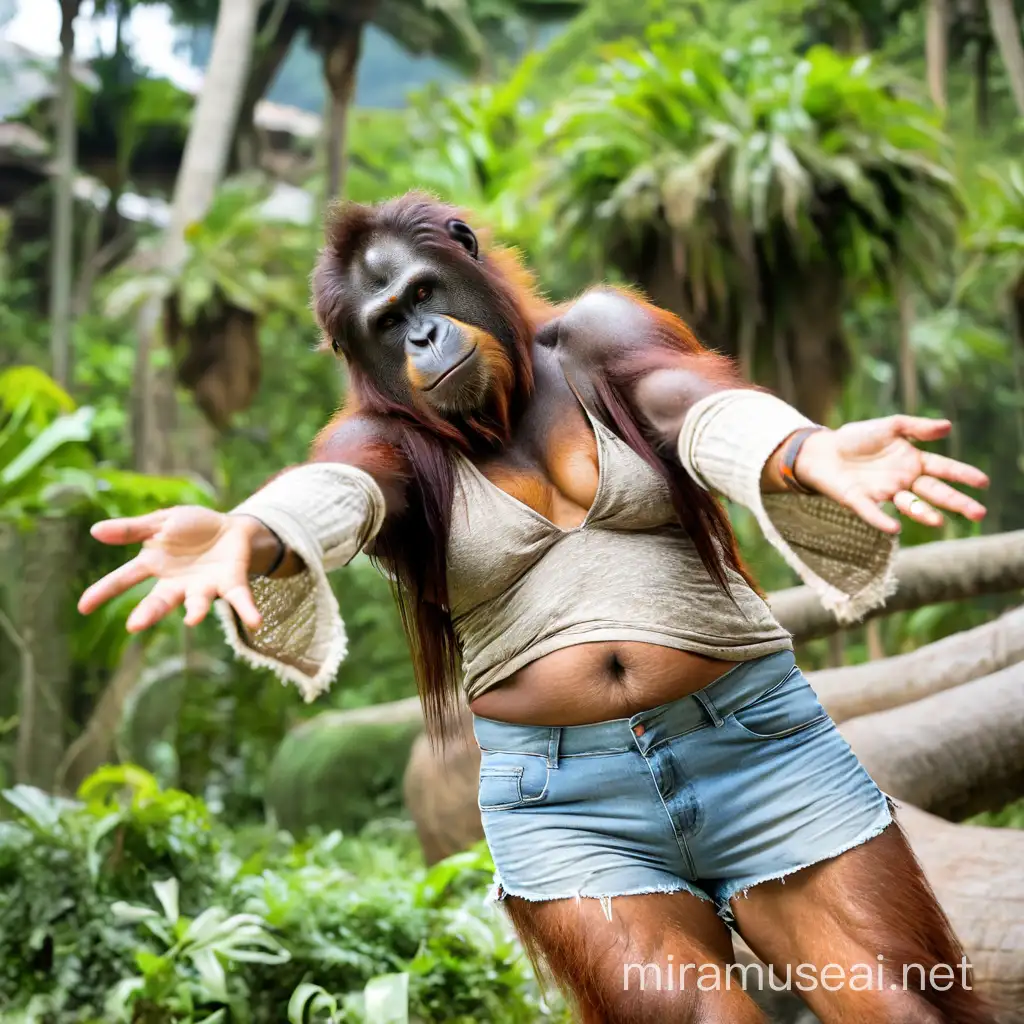 A very hairy woman transform to wereorangutan showing the very hairy female body with brown skin and sweaty hairy female boobs and hairy brown orangutan faces and long hair
