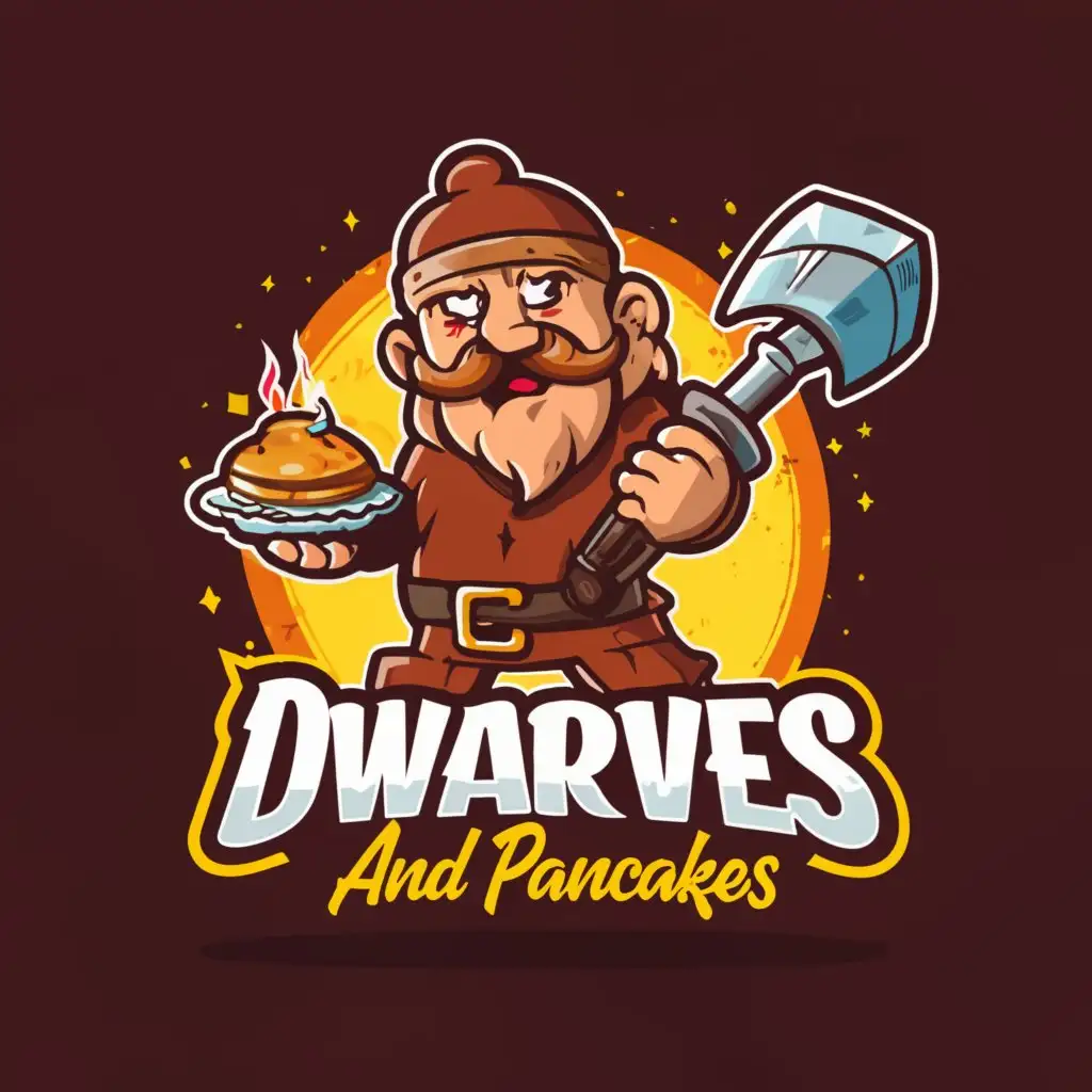 a logo design,with the text "Dwarves and Pancakes", main symbol:A dwarf wielding Fortnite pickaxe with pancakes,complex,be used in Religious industry,clear background