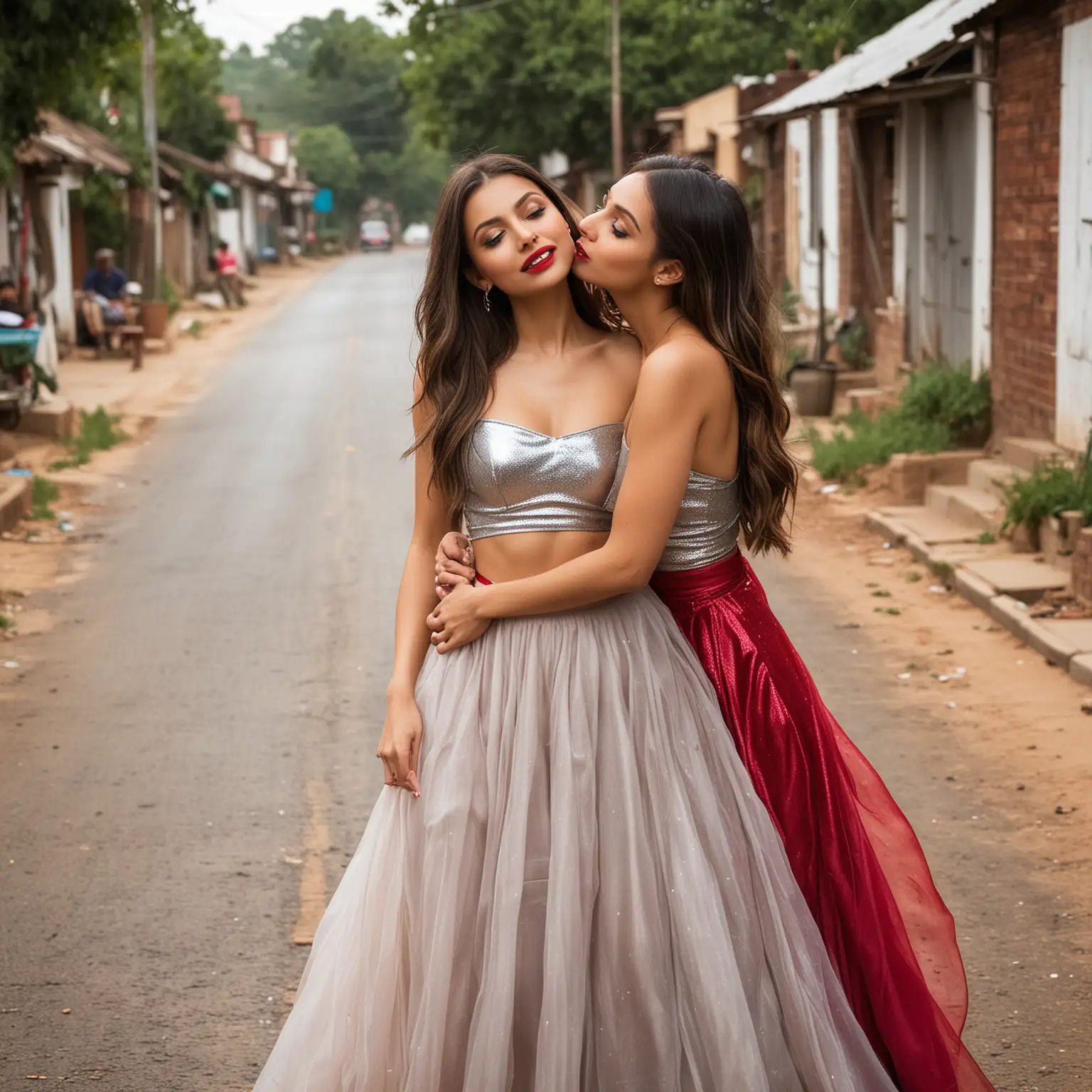 Flash photography, ISO-100 f/32 shot. Remote, poor Haryana village busy street. Victoria Justice, Madison Reed & Ariana Grande wearing shiny slinky flowy silky chiffon satiny metallic skirts, red glossy lipstick & lots of makeup kissing & pouting.
