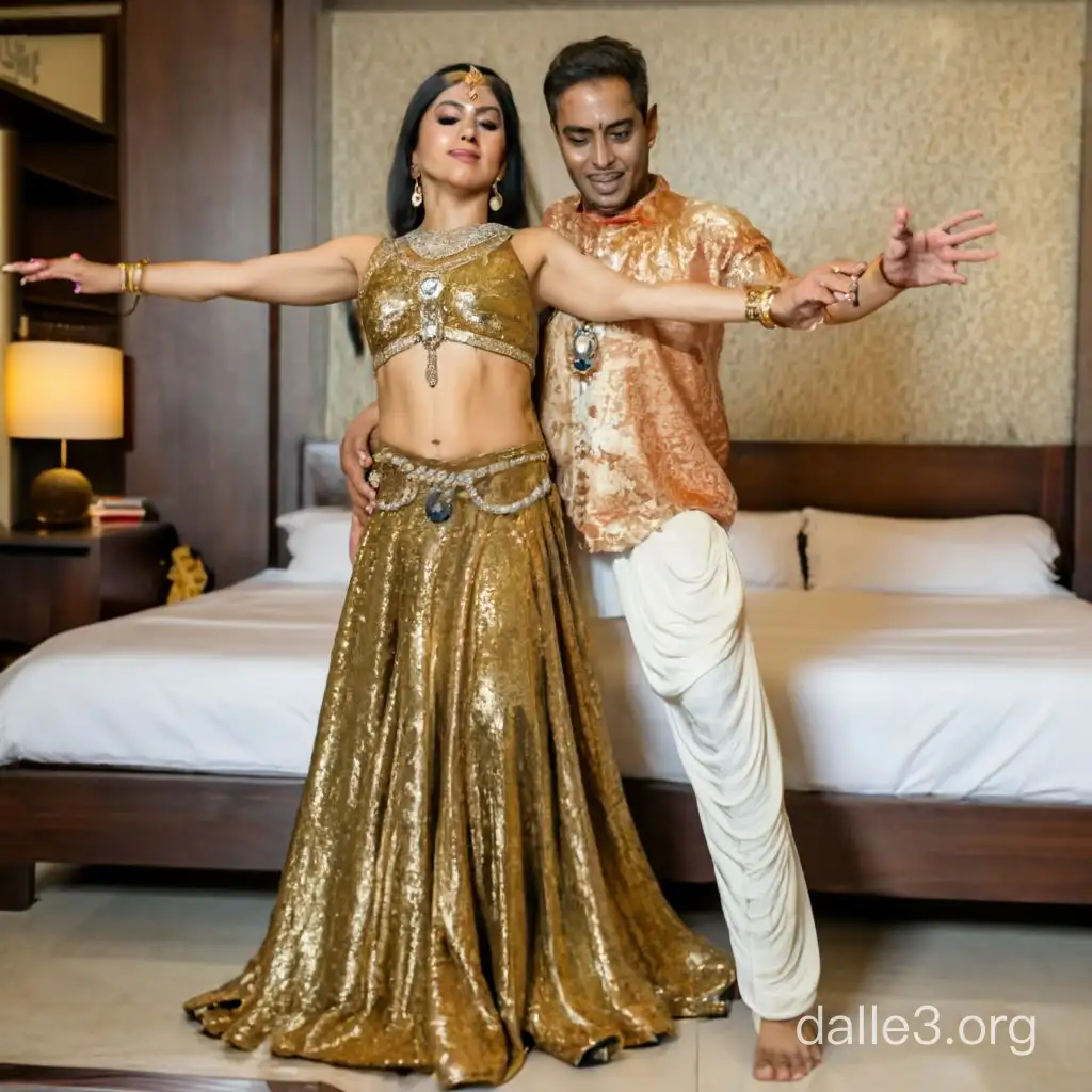 Generate full body image of a 40 year  indian woman and a male photographer in a photoshoot. She is  wearing Egyptian shining golden coin chiffon bedlah belly dance dress with  wedding jewelry  for a photoshoot in a hotel bedroom , they are taking selfie with mobile phone