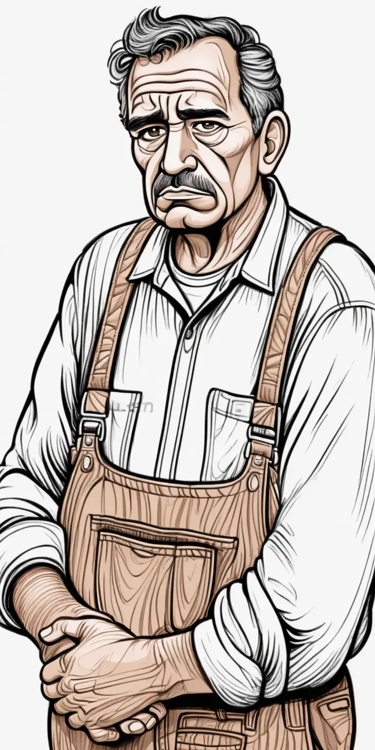 drawing illustration of sad looking 55 year old Hispanic father and wearing woodworker cloth