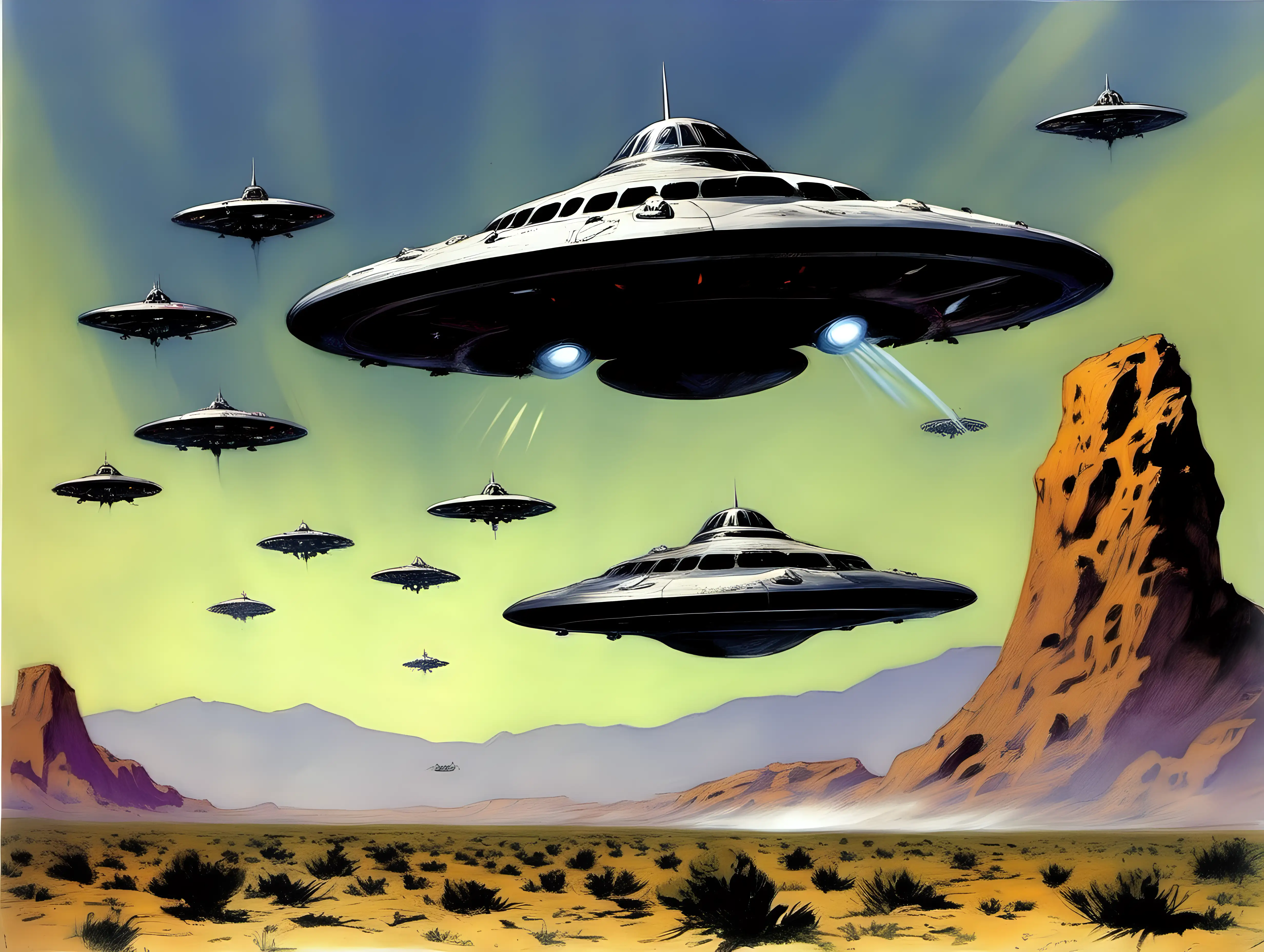 Intense Aerial Pursuit American Aircraft Chasing UFOs Over Area 51 Frank Frazetta Style