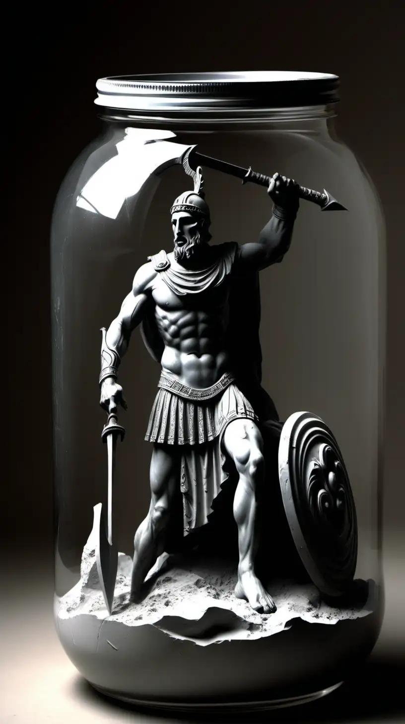 Ares, god of war, trapped inside a jar. Style of Greek mythology. 0>Negative prompt: statue, stone, clay