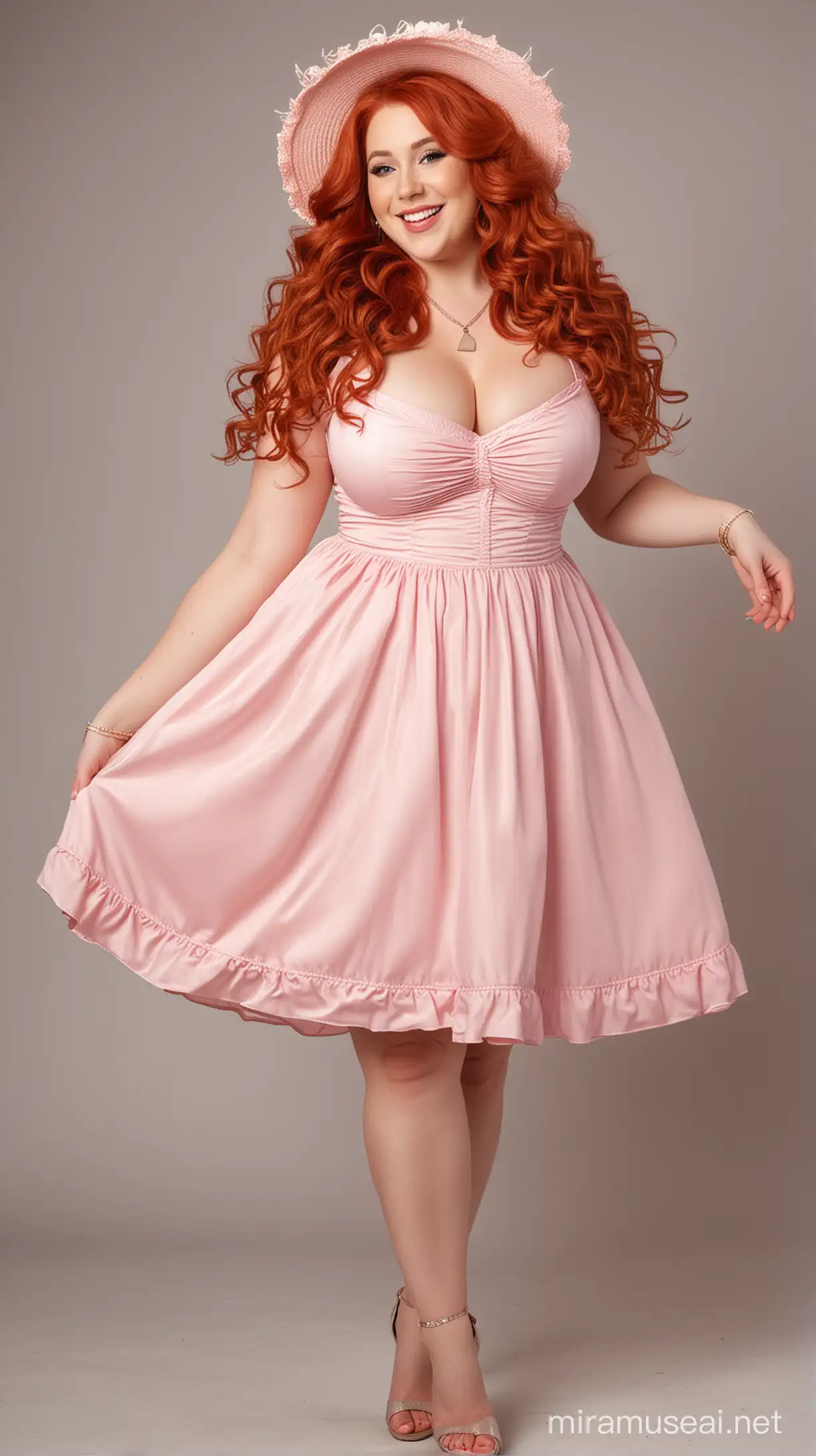 24 year old trans girl plump but fit, smiling with the longest big red wavy feminine hair style. Feminine deportment. Feminine short easter church dress, easter hat, and jewelry. Feminine makeup.feminine style. huge oversized breasts and false curves. facing viewer. Full body image.