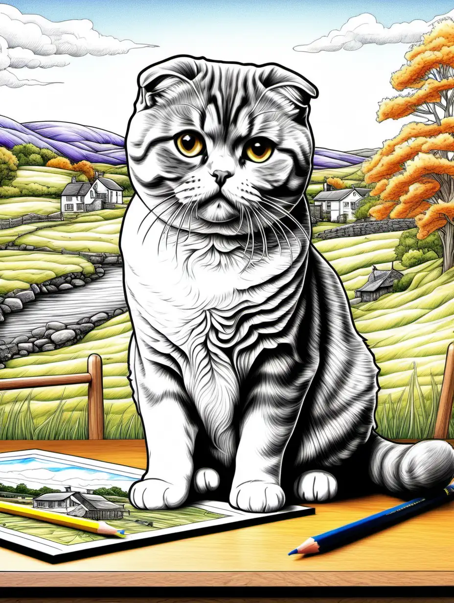 High quality fullly-colored colored pencil highly-detailed illustration with greyscale:: scottish fold cat in a scottish countryside scene:: decorative items on table:: adult coloring book page thin black lines white background, 1 bit line art coloring book, only draw outlines, crisp, thick outlines, use up the entire screen