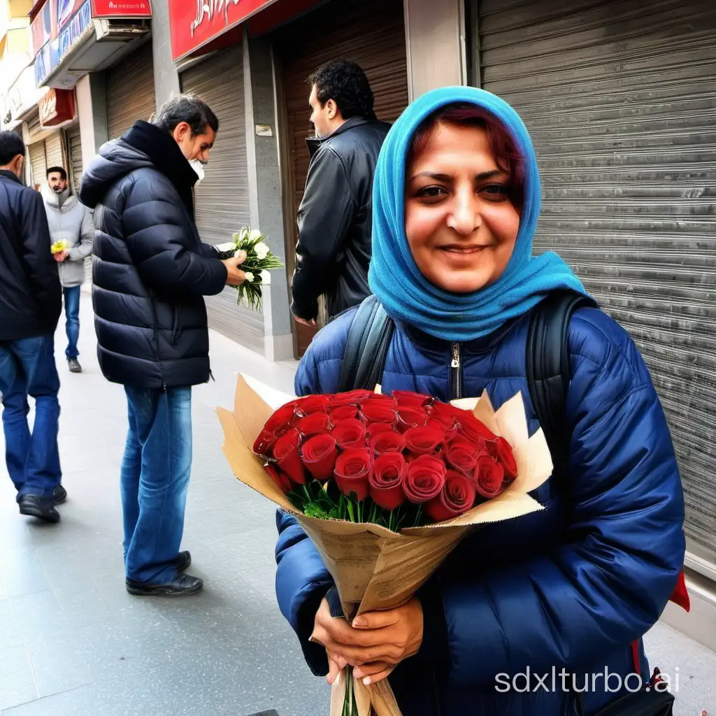 A Turkish woman who is given flowers as a gift by someone on the street