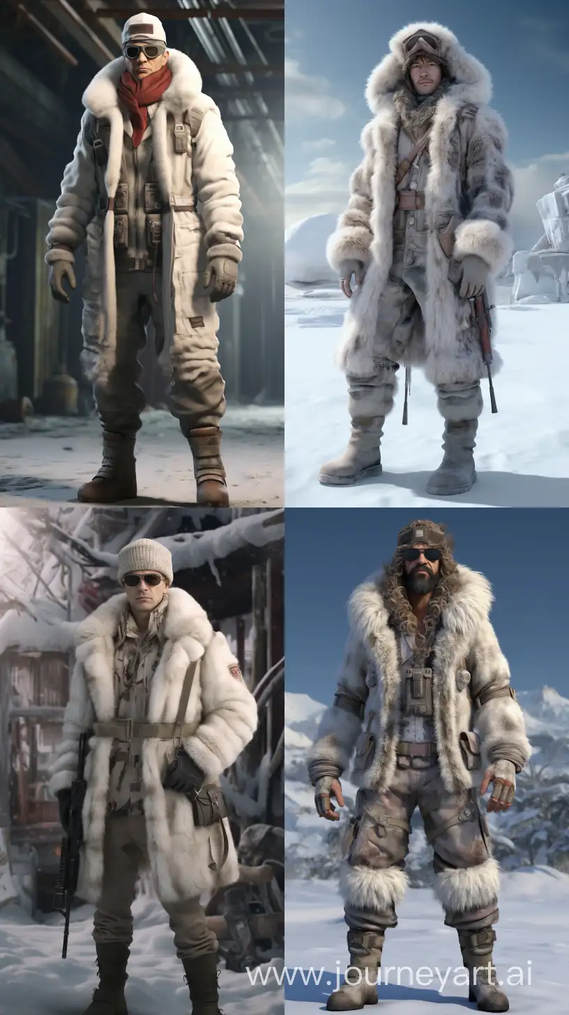 Here is the realistic image of a pretty 48-year-old boy in a post-apocalyptic setting, dressed in a communist snow camouflage military uniform with a sheepskin aviator hat, snow leggings, and Nutukas. The full-body shot is rendered in a highly detailed 8K resolution, providing a full-length view from head to toe, with the subject centered and uncropped --ar 9:16
