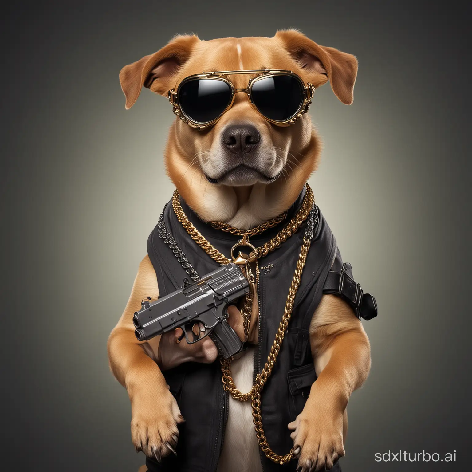Dog holding a gun abd being a gangsta with golden chains on neck and black goggles